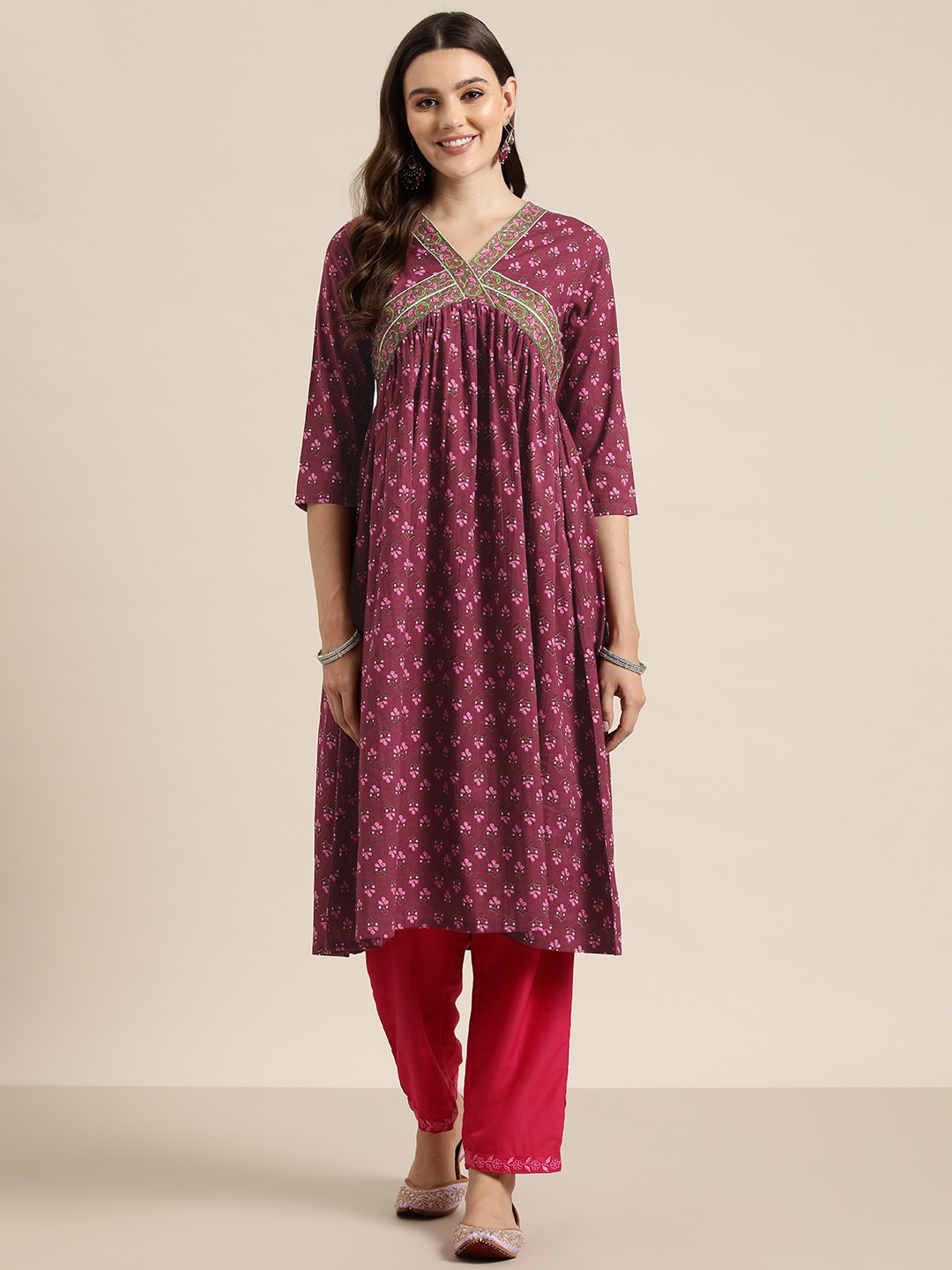 

HERE&NOW Floral Printed Gotta Patti Detail A-Line Empire Cotton Kurta, Maroon