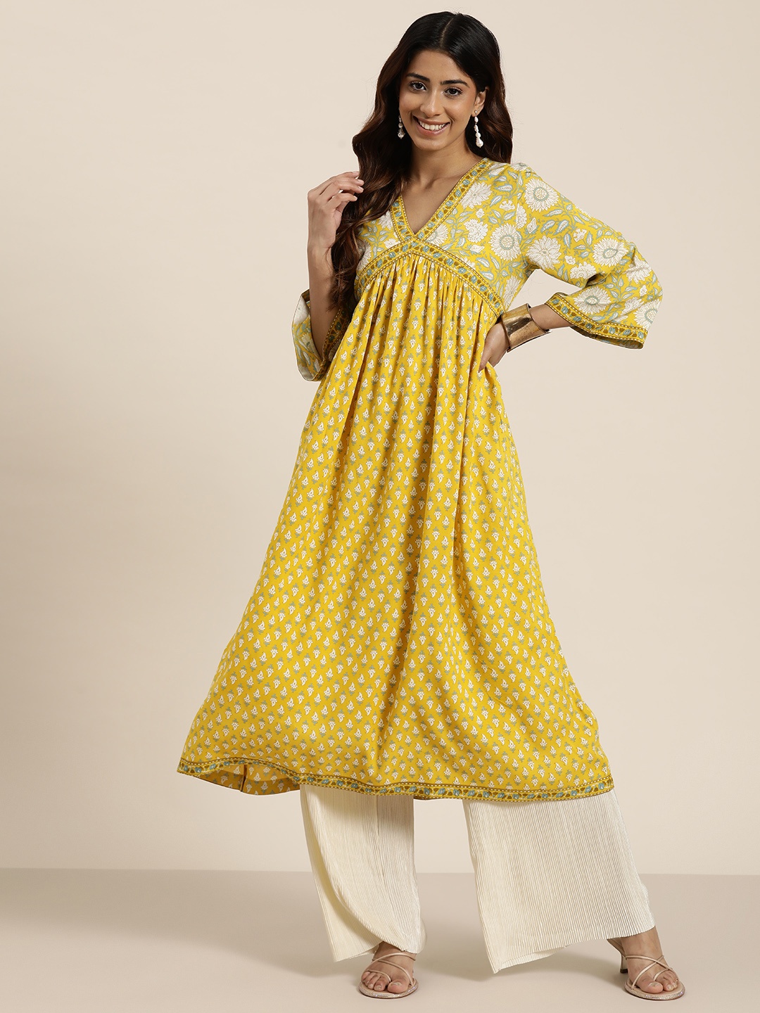 

HERE&NOW Printed Empire A-Line Kurta, Mustard