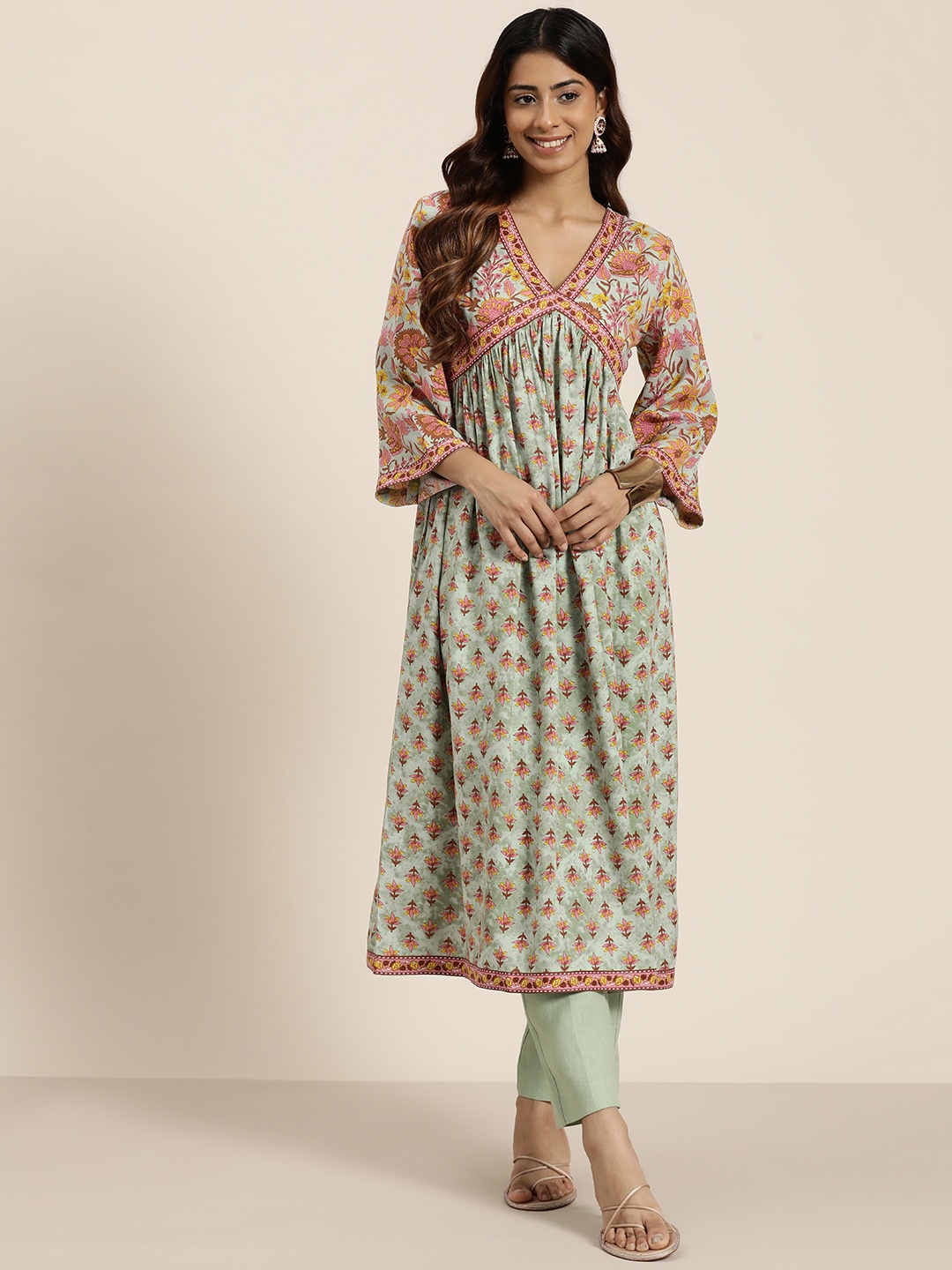 

HERE&NOW Printed Empire A-Line Kurta, Green