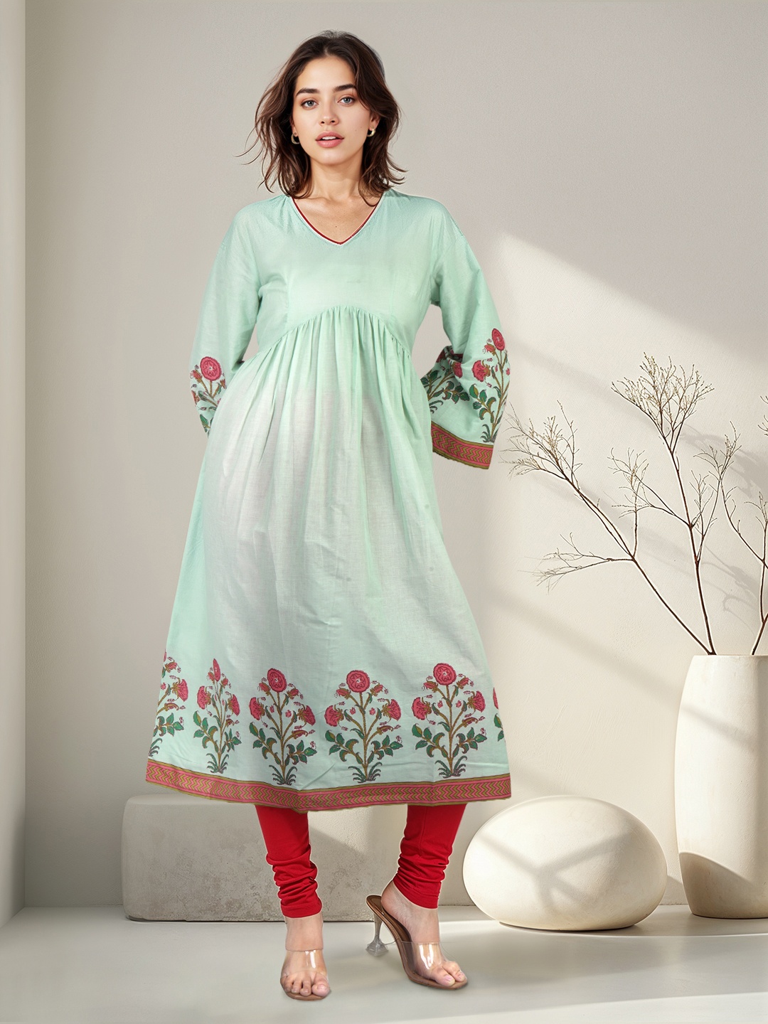 

HERE&NOW Women Ethnic Motifs Printed Pure Cotton A-Line Kurta, Green