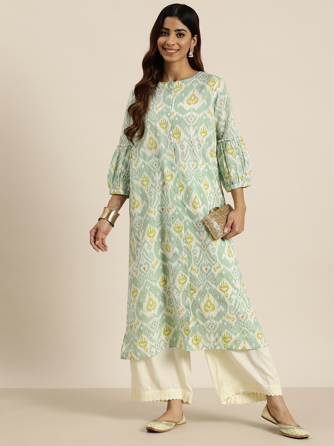 

HERE&NOW Ethnic Motifs Print Puff Sleeve Pure Cotton Kurta, Green