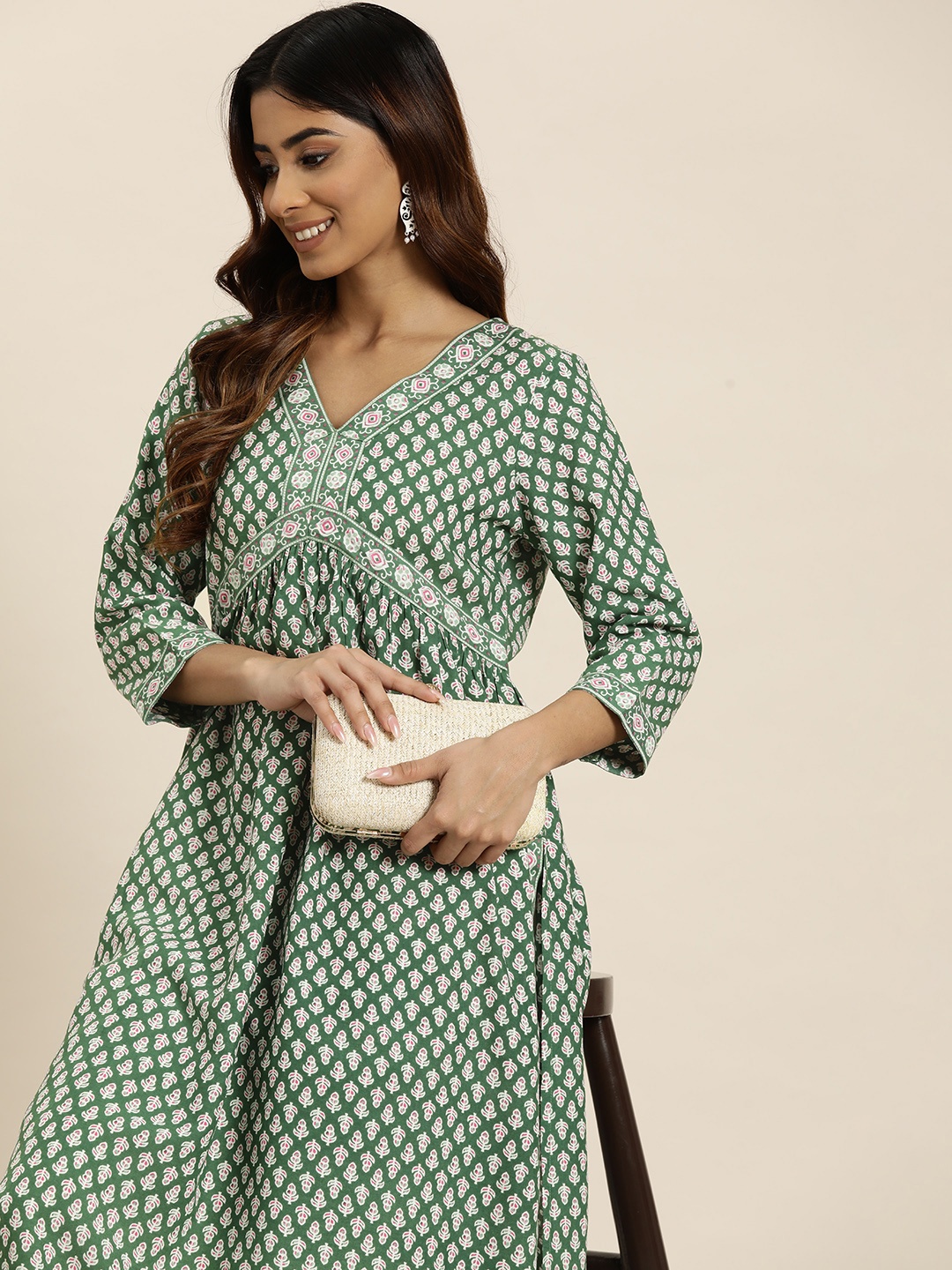 

HERE&NOW Women Ethnic Motifs Printed A-Line Kurta, Green