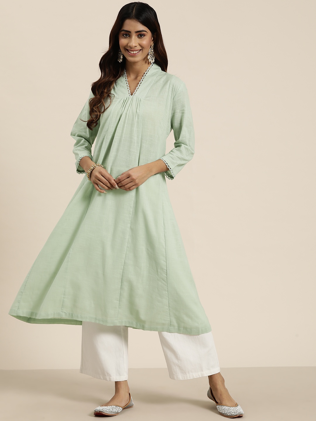 

HERE&NOW Pure Cotton Empire Kurta, Green