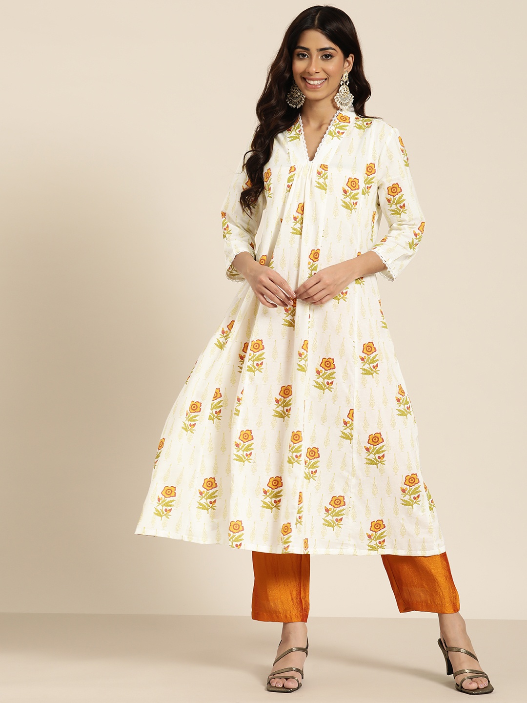 

HERE&NOW Floral Printed Pure Cotton Kurta, White