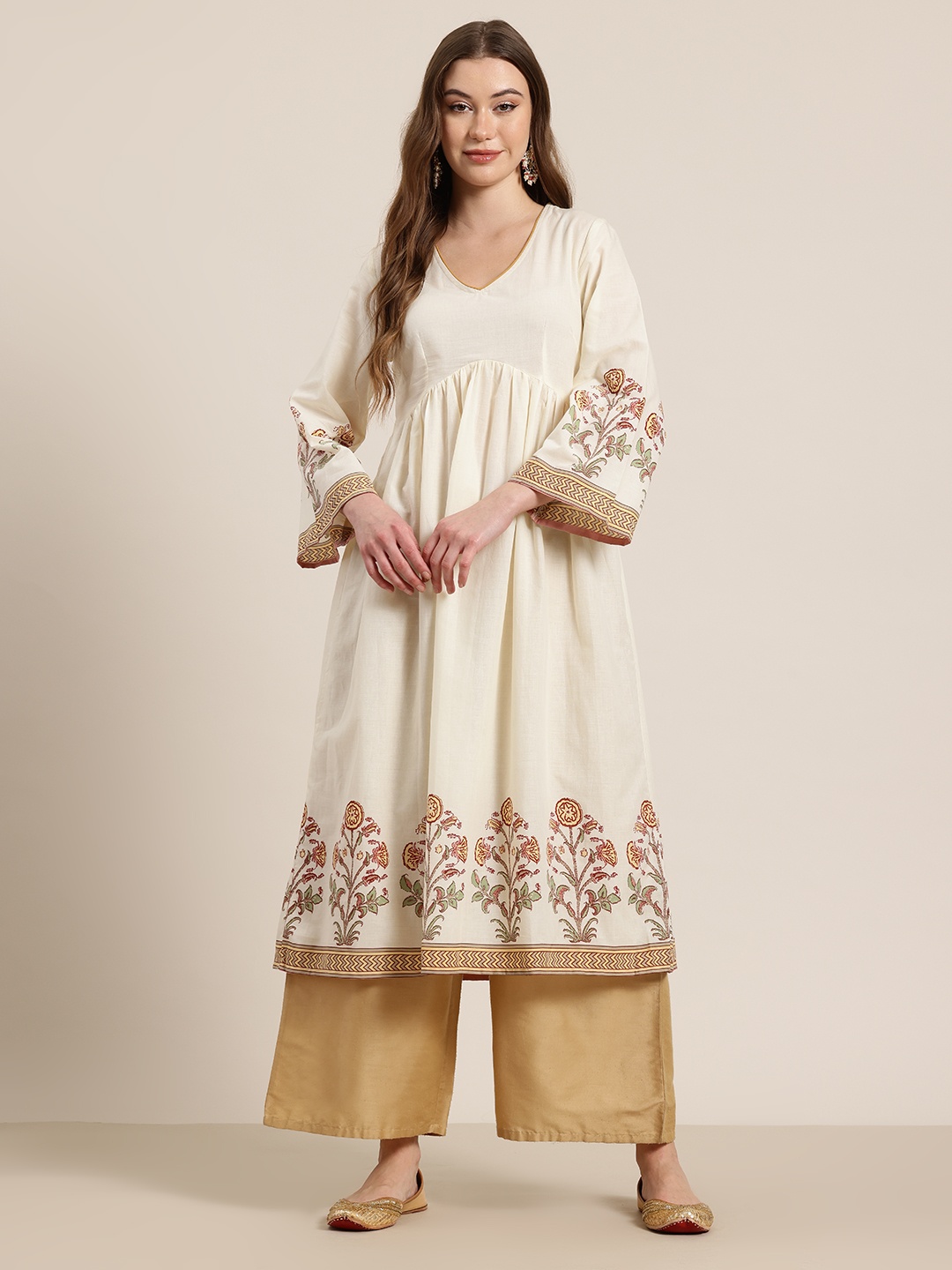 

HERE&NOW Indie Floral Print Pure Cotton Empire Kurta, Cream
