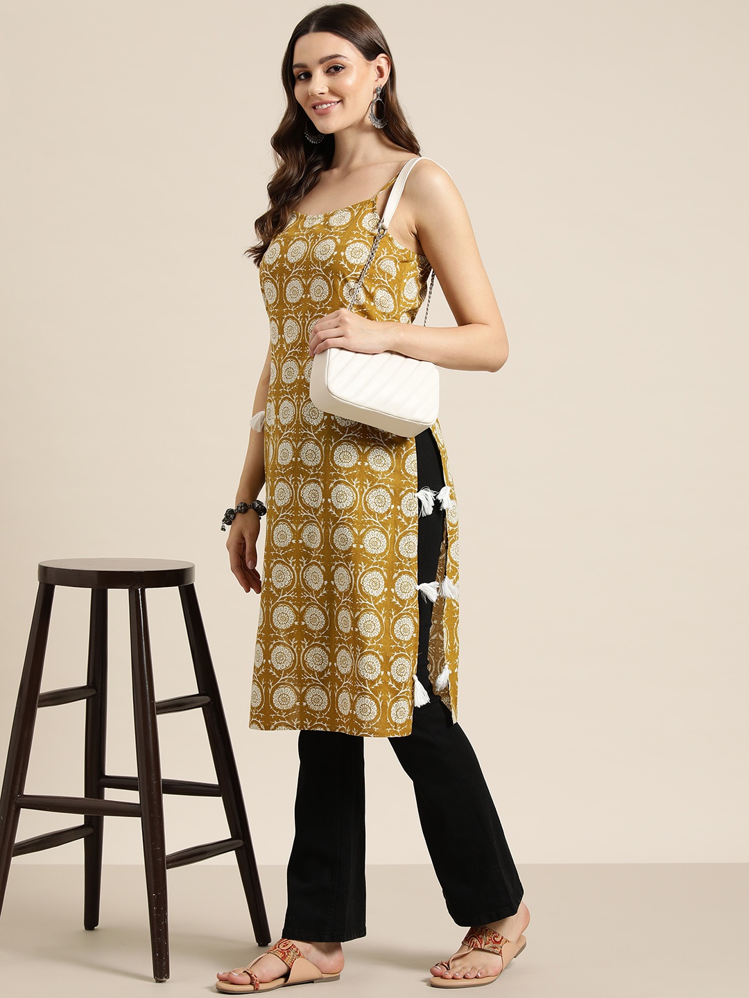 

HERE&NOW Pure Cotton Ethnic Motifs Printed Shoulder Straps Tassel Detail Kurta, Mustard