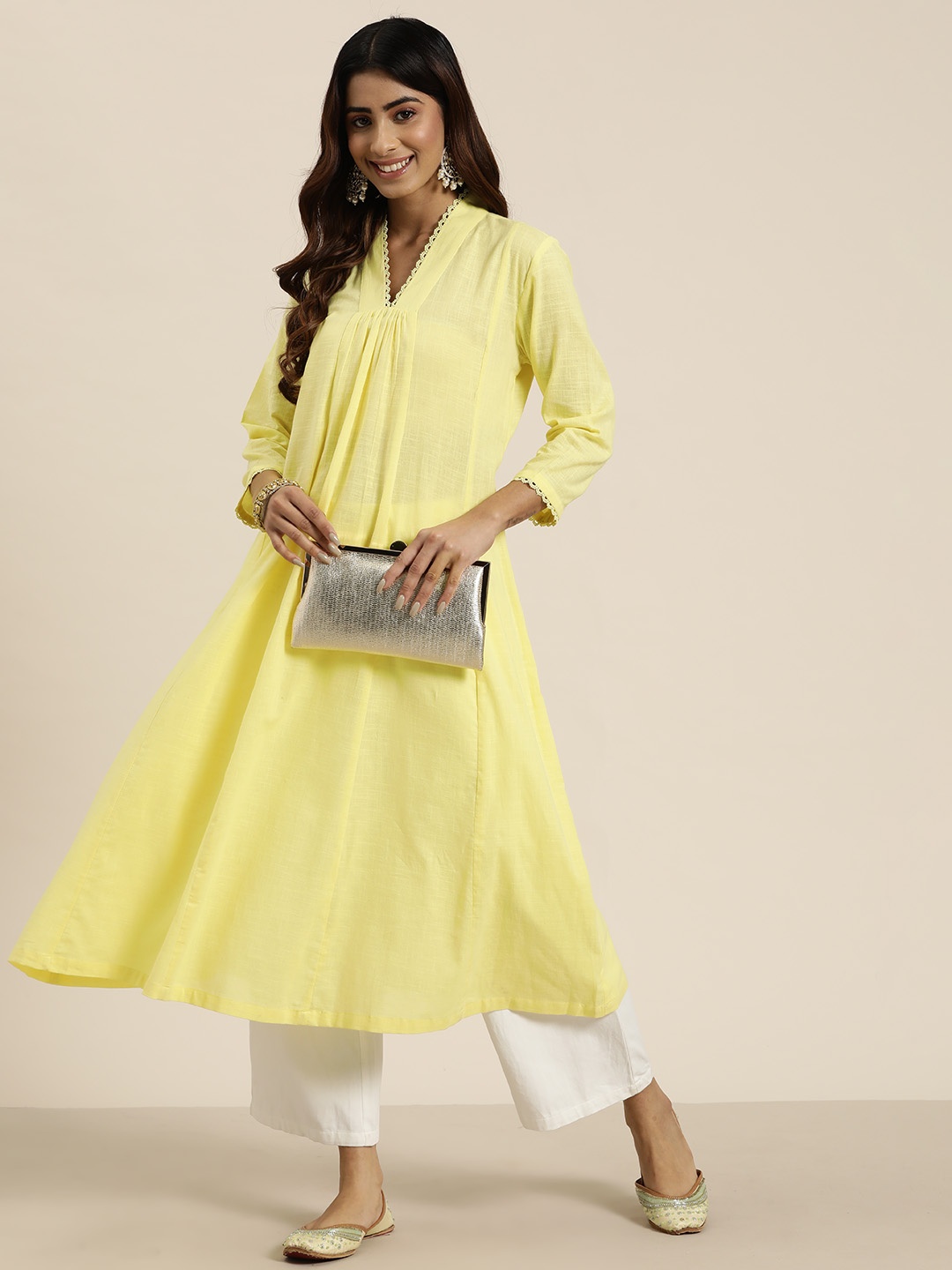 

HERE&NOW Pure Cotton Empire Kurta, Yellow