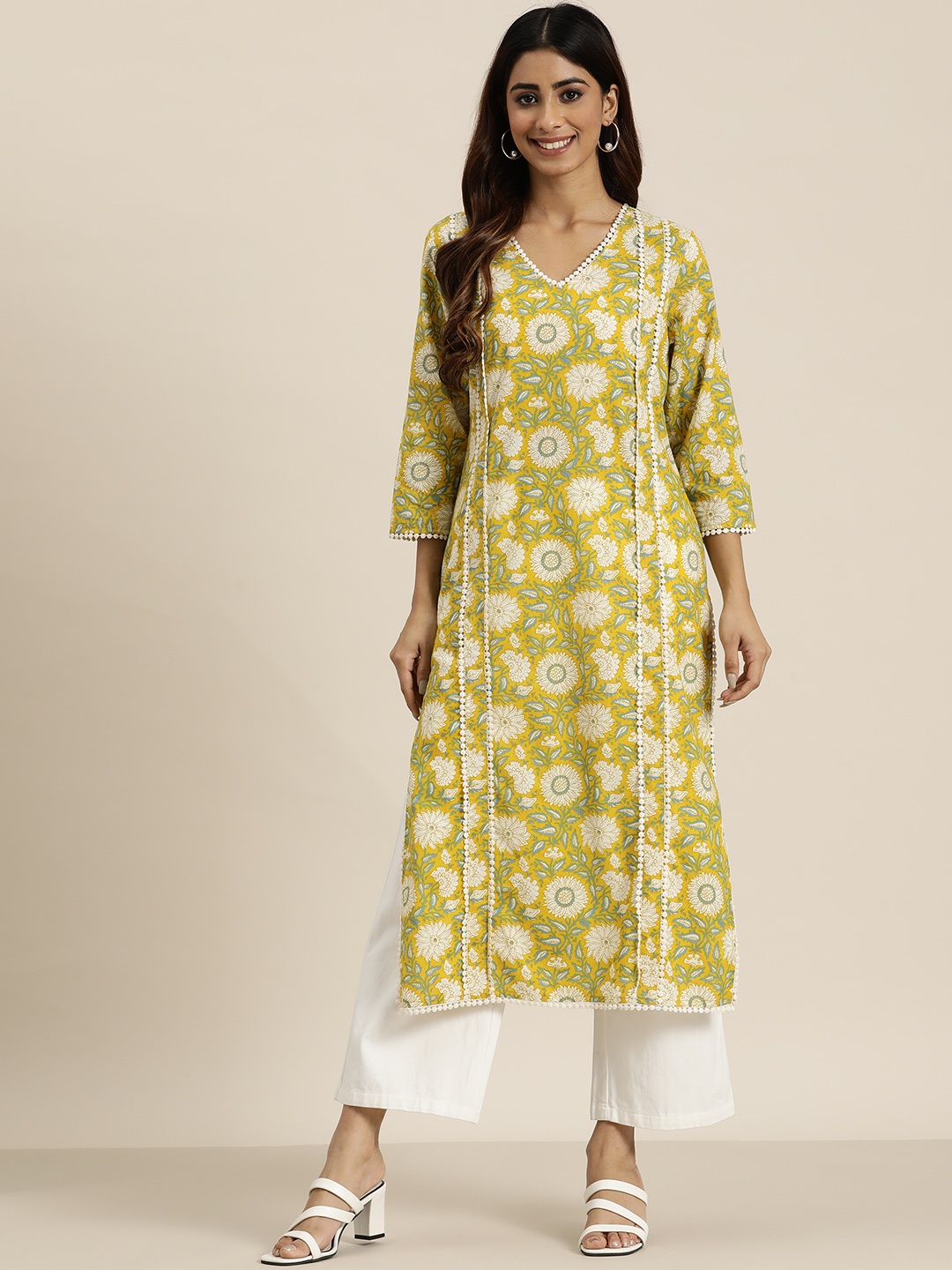 

HERE&NOW Floral Printed Lace Detailed Pure Cotton Kurta, Mustard