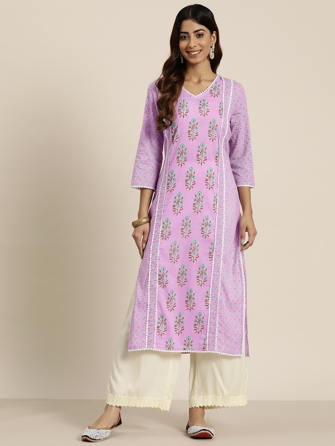 

HERE&NOW Cotton Floral Print Crochet Detail Kurta, Lavender