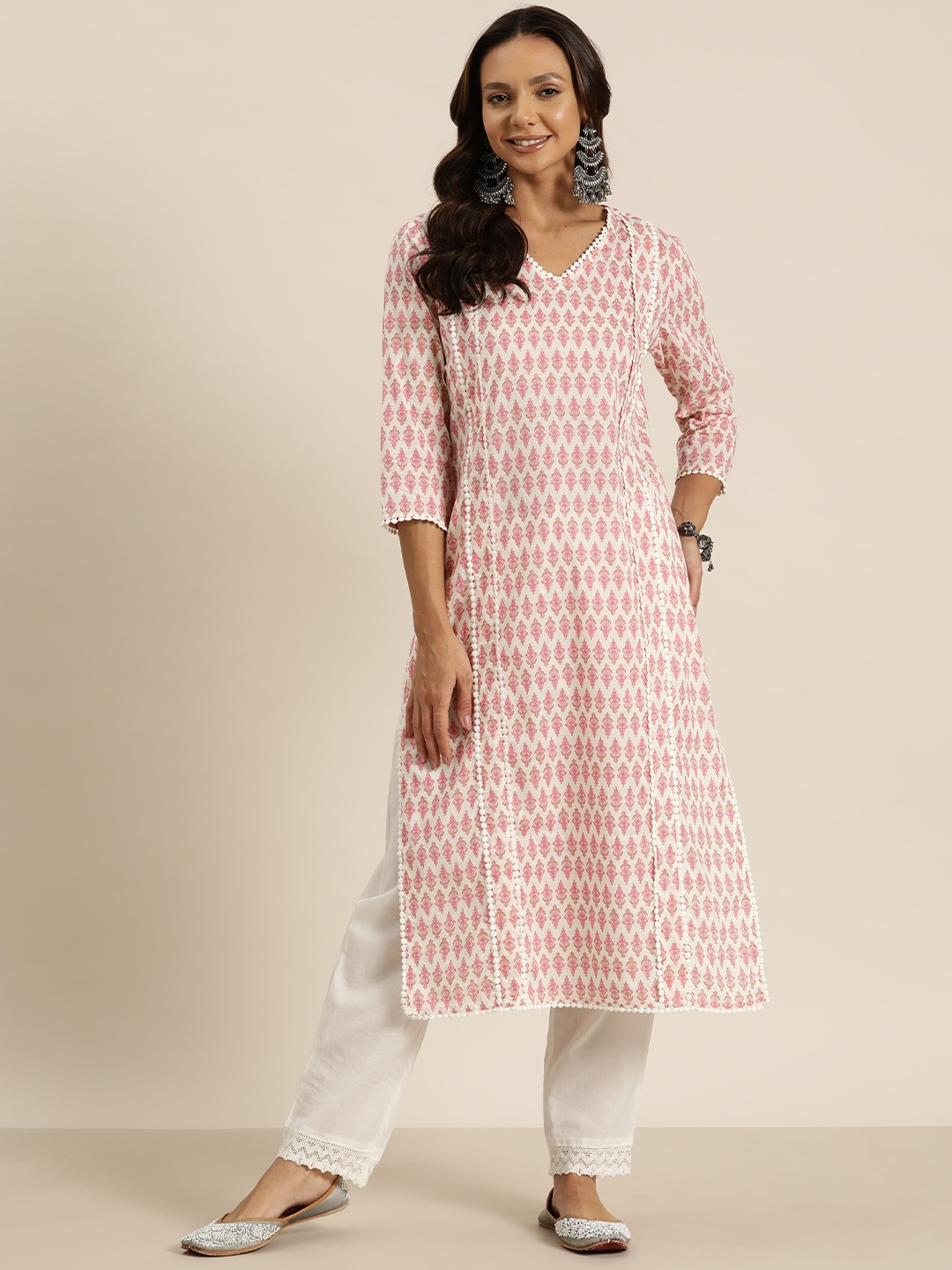 

HERE&NOW Ethnic Motifs Print Lace Insert Pure Cotton Kurta, Cream