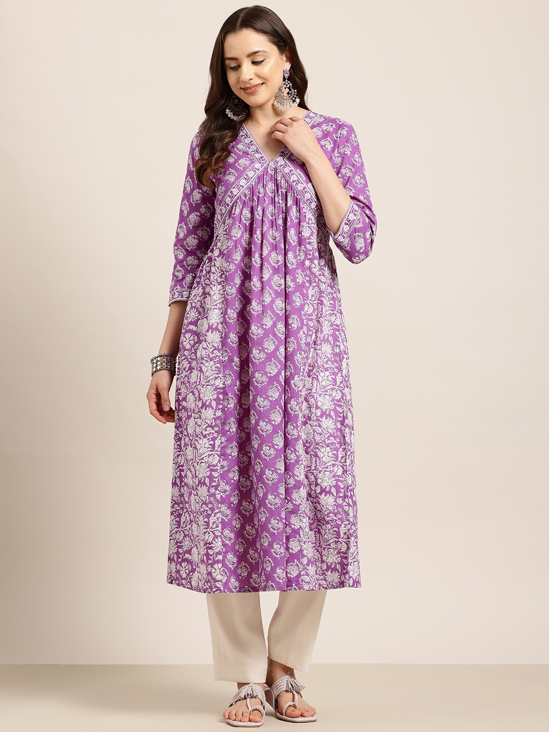 

HERE&NOW Ethnic Motifs Print Pure Cotton Empire Kurta, Purple