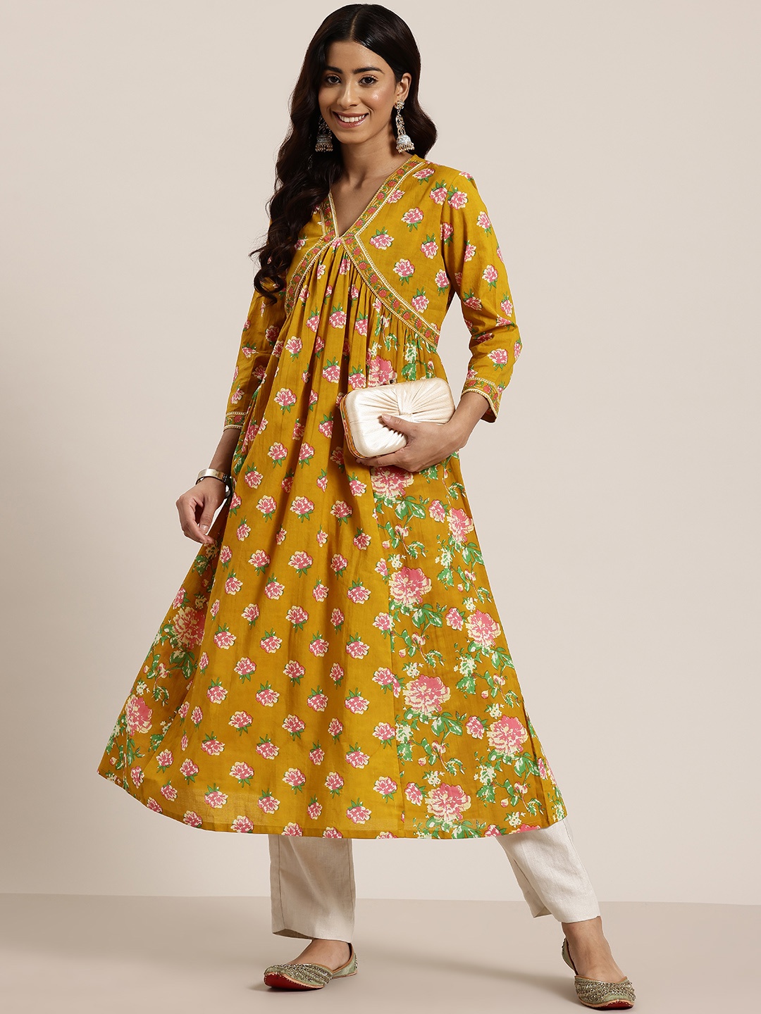 

HERE&NOW Floral Printed Empire Kurta, Mustard