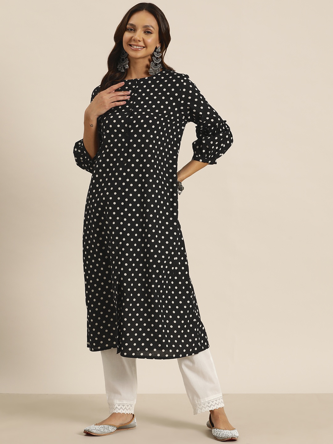 

HERE&NOW Polka Dots Pure Cotton Kurta, Black