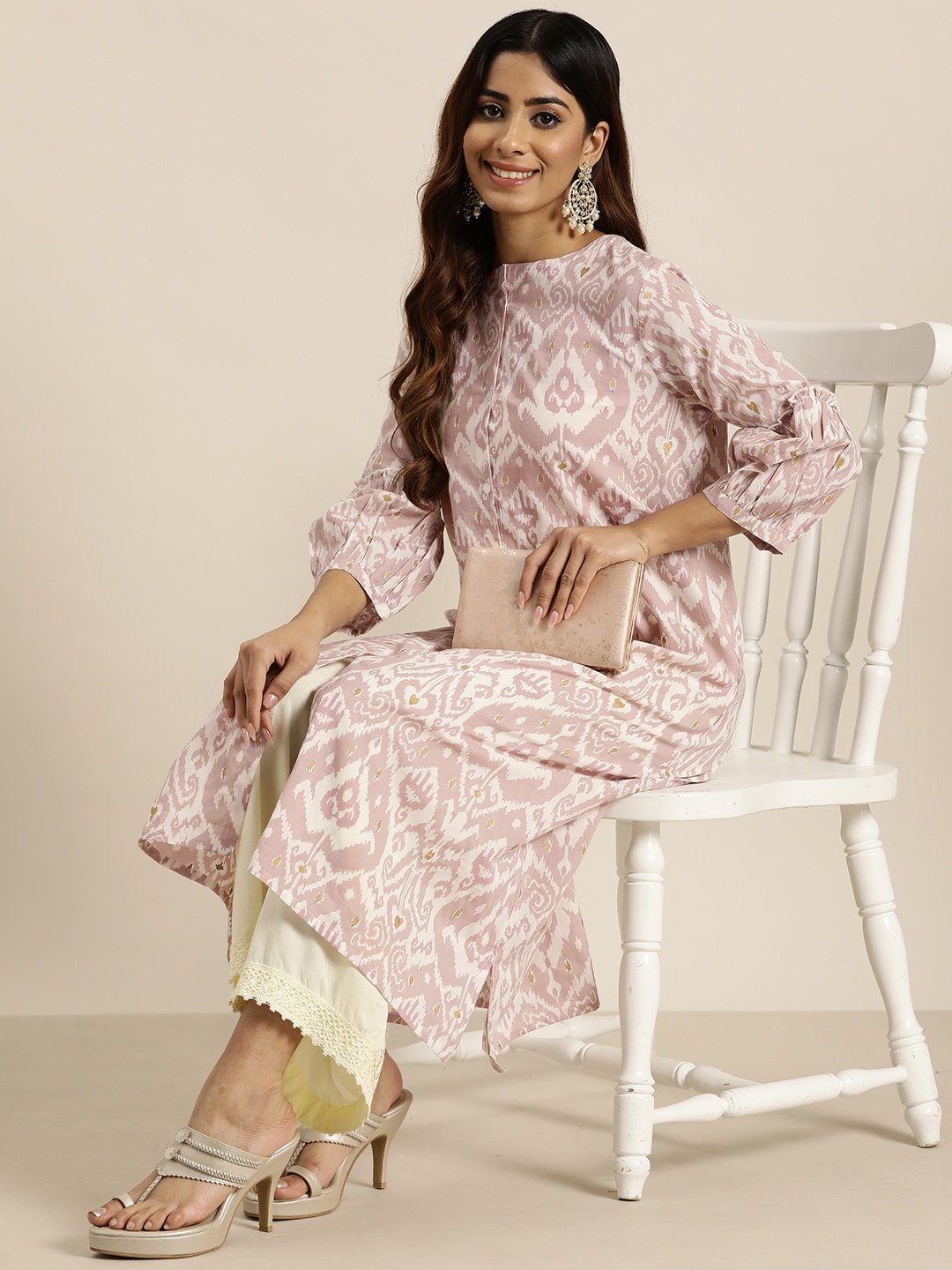 

HERE&NOW Ethnic Motifs Print Puff Sleeve Pure Cotton Kurta, Rose