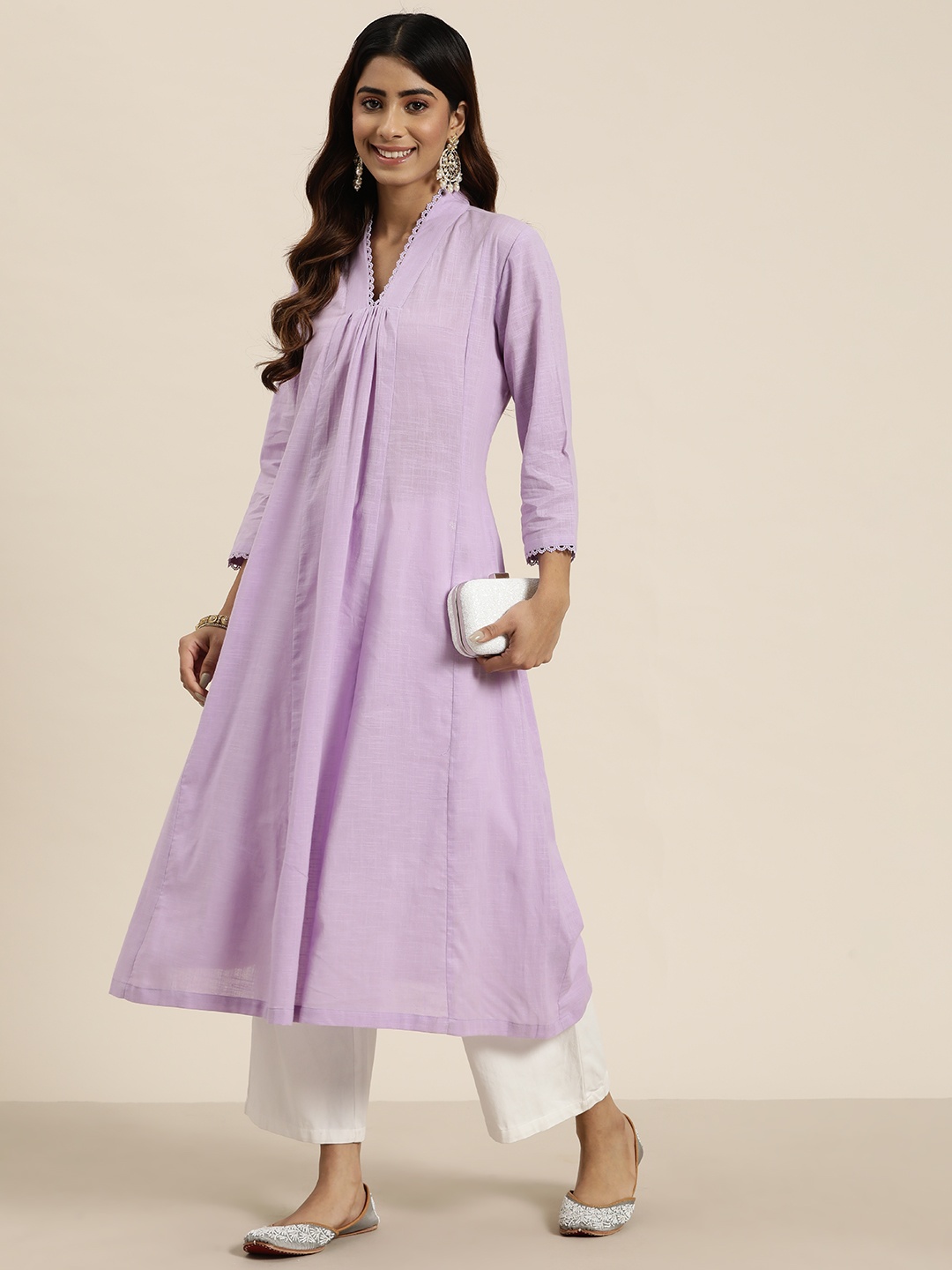 

HERE&NOW Pure Cotton Empire Kurta, Lavender