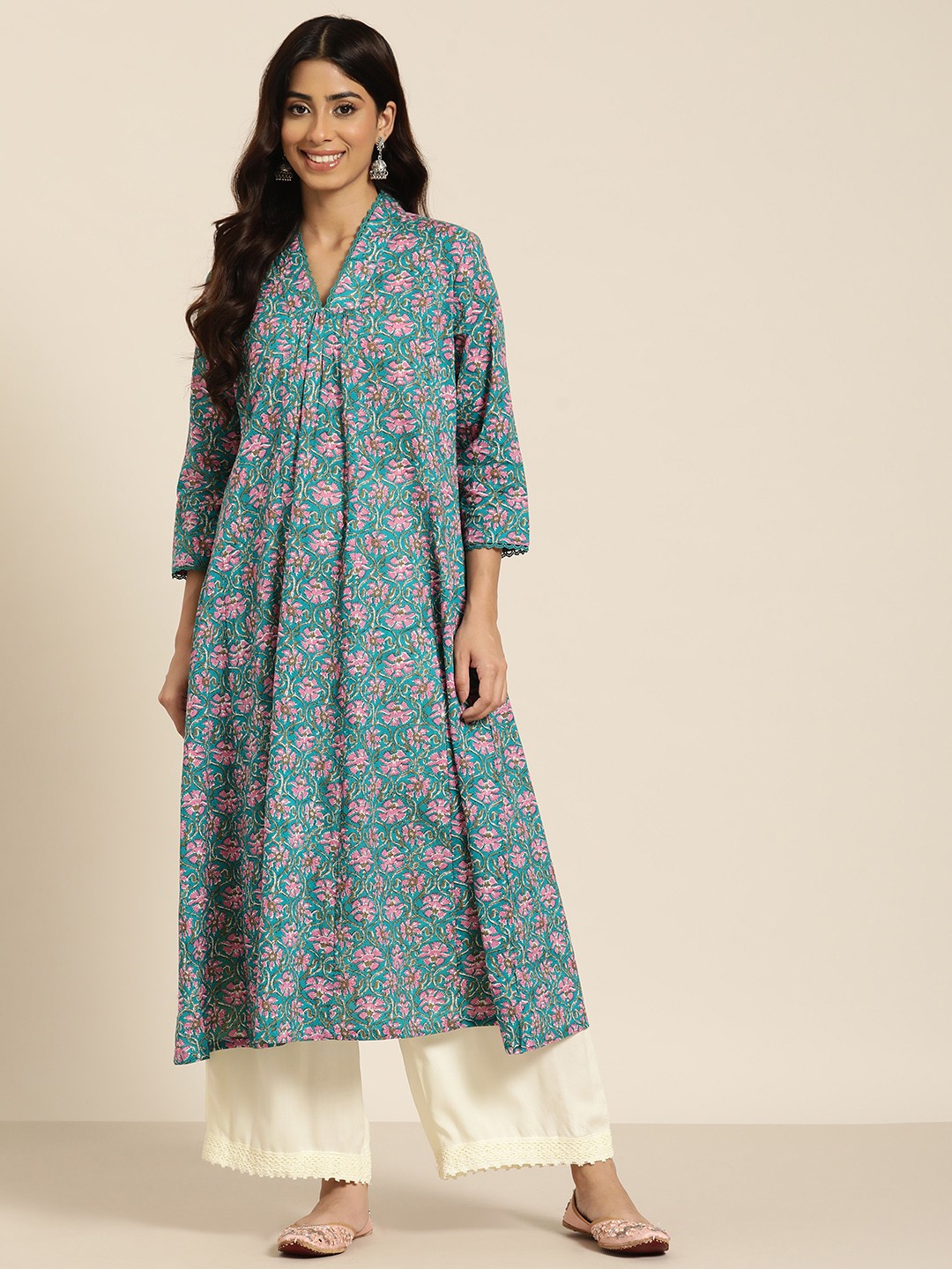 

HERE&NOW Floral Printed Pleated Pure Cotton A-Line Kurta, Green