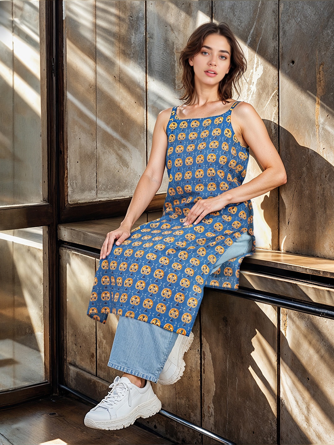 

HERE&NOW Women Ethnic Motifs Printed Pure Cotton Kurta, Blue
