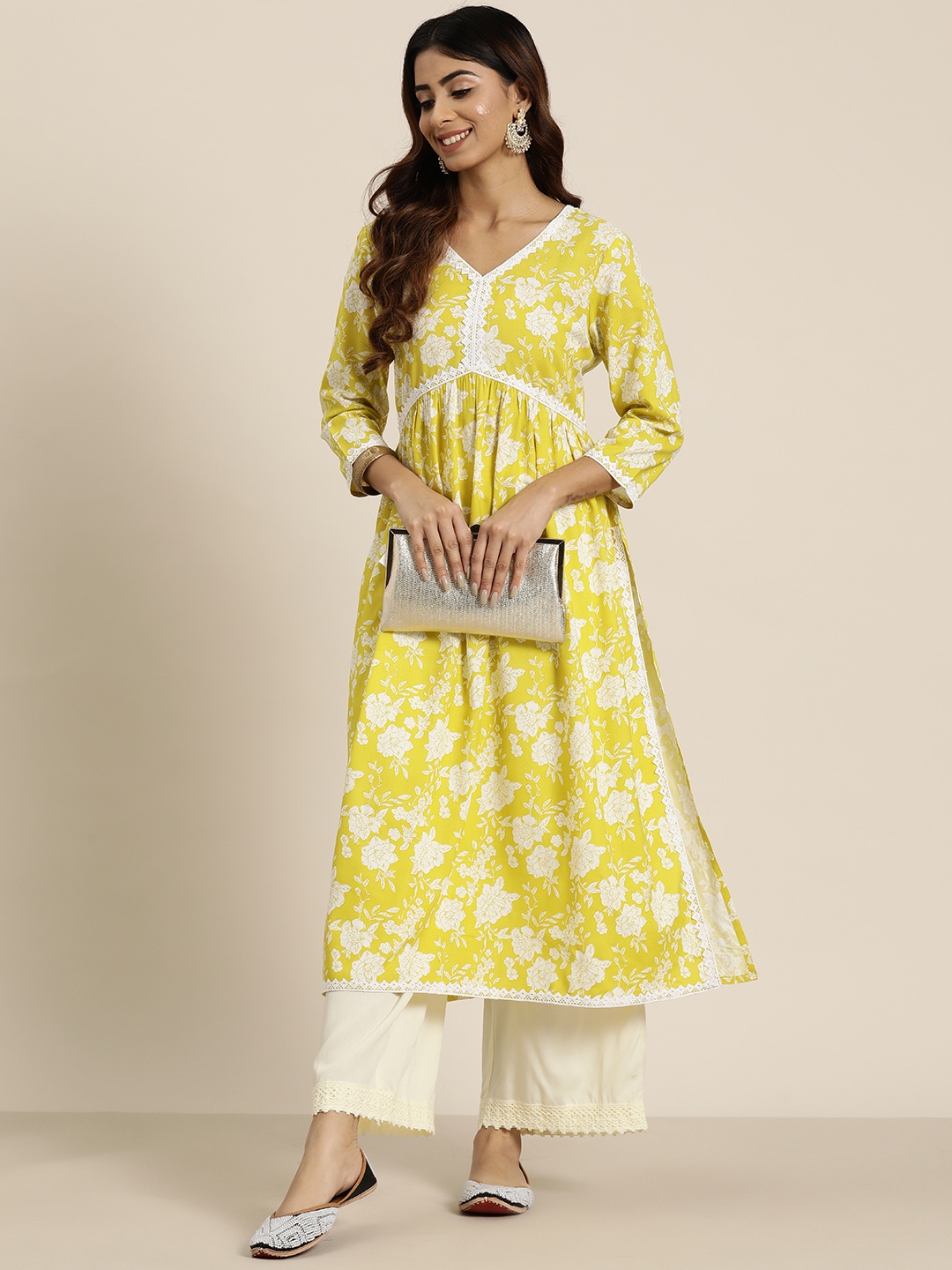 

HERE&NOW Floral Print Crochet Detail Kurta, Mustard