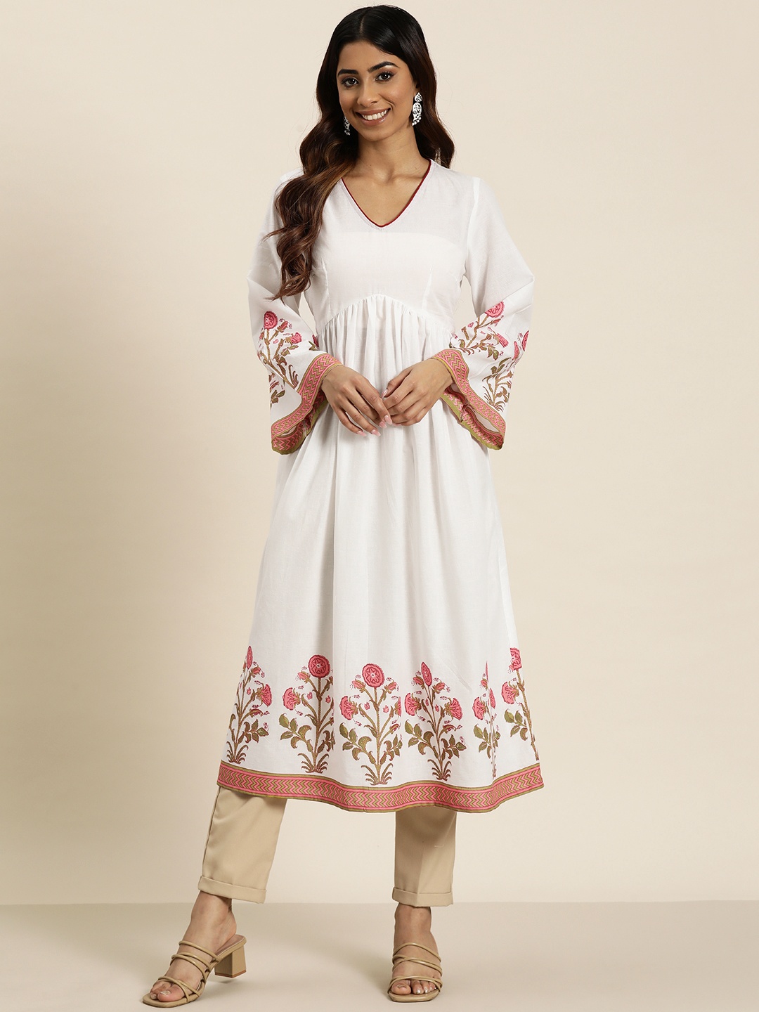 

HERE&NOW Women Ethnic Motifs Printed Pure Cotton A-Line Kurta, White