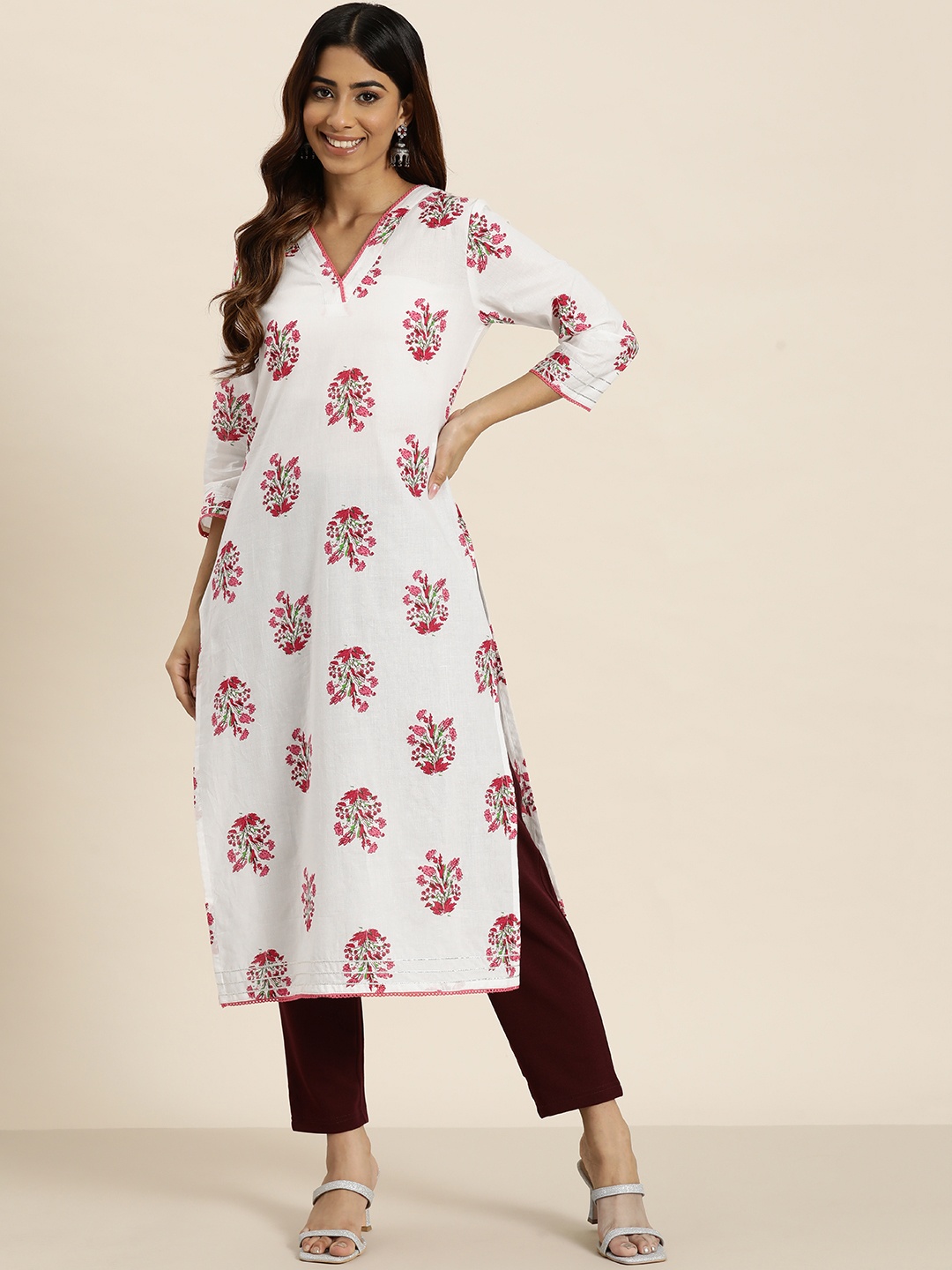 

HERE&NOW Women Ethnic Motifs Printed Pure Cotton Kurta, White