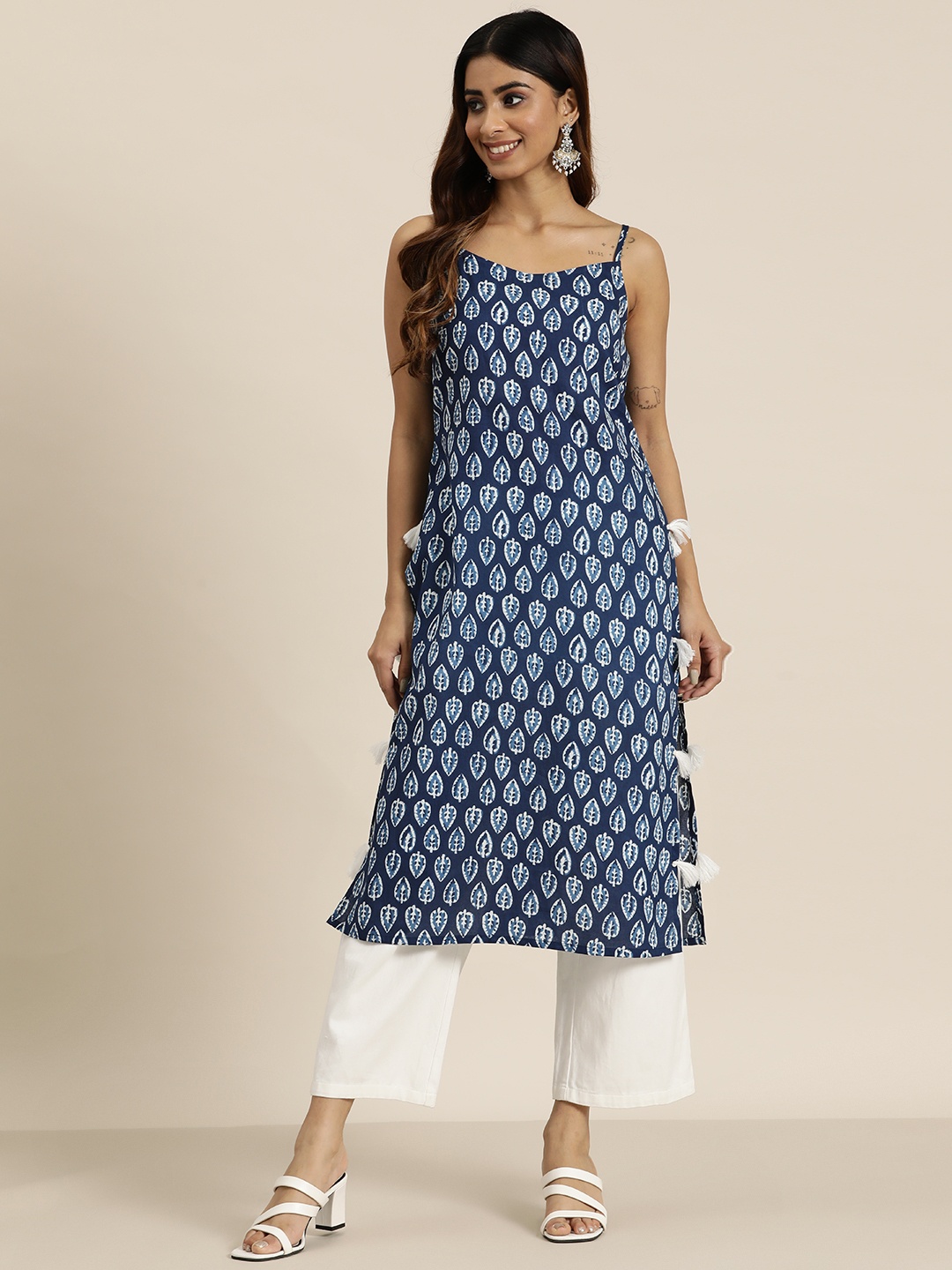 

HERE&NOW Ethnic Motifs Printed Tassel Detailed Pure Cotton Kurta, Navy blue