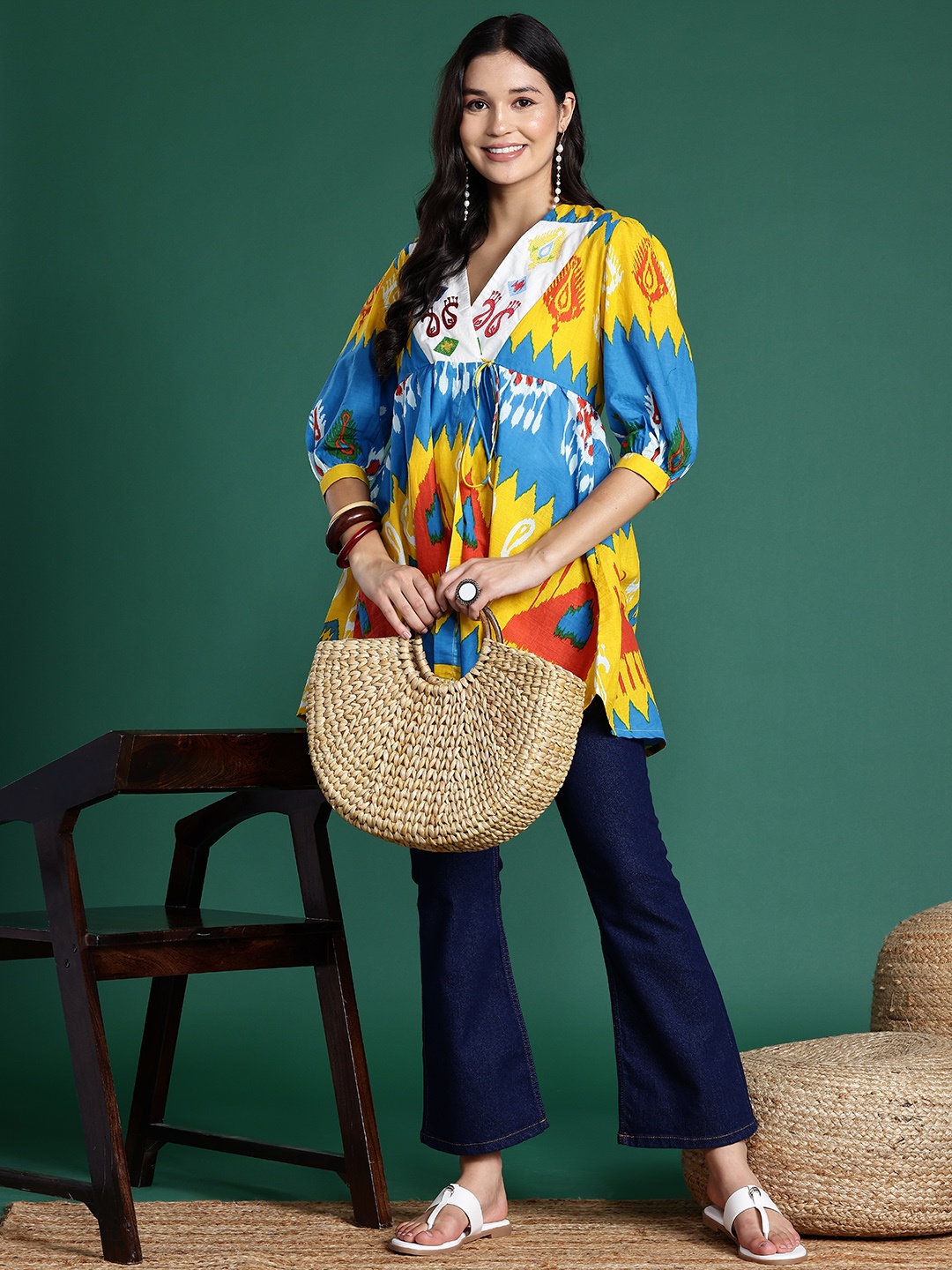 

Sangria Printed Puff Sleeves Angrakha Style Ethnic Cotton Top, Blue