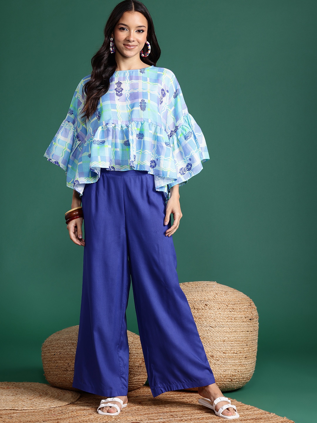 

Sangria Geometric Printed Regular Top with Trousers, Blue