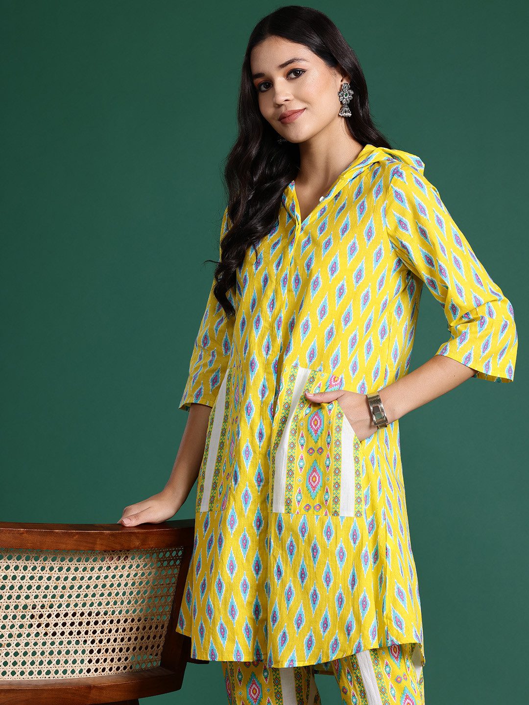 

Sangria Printed Pure Cotton Hooded Fusion Kurta Set, Yellow