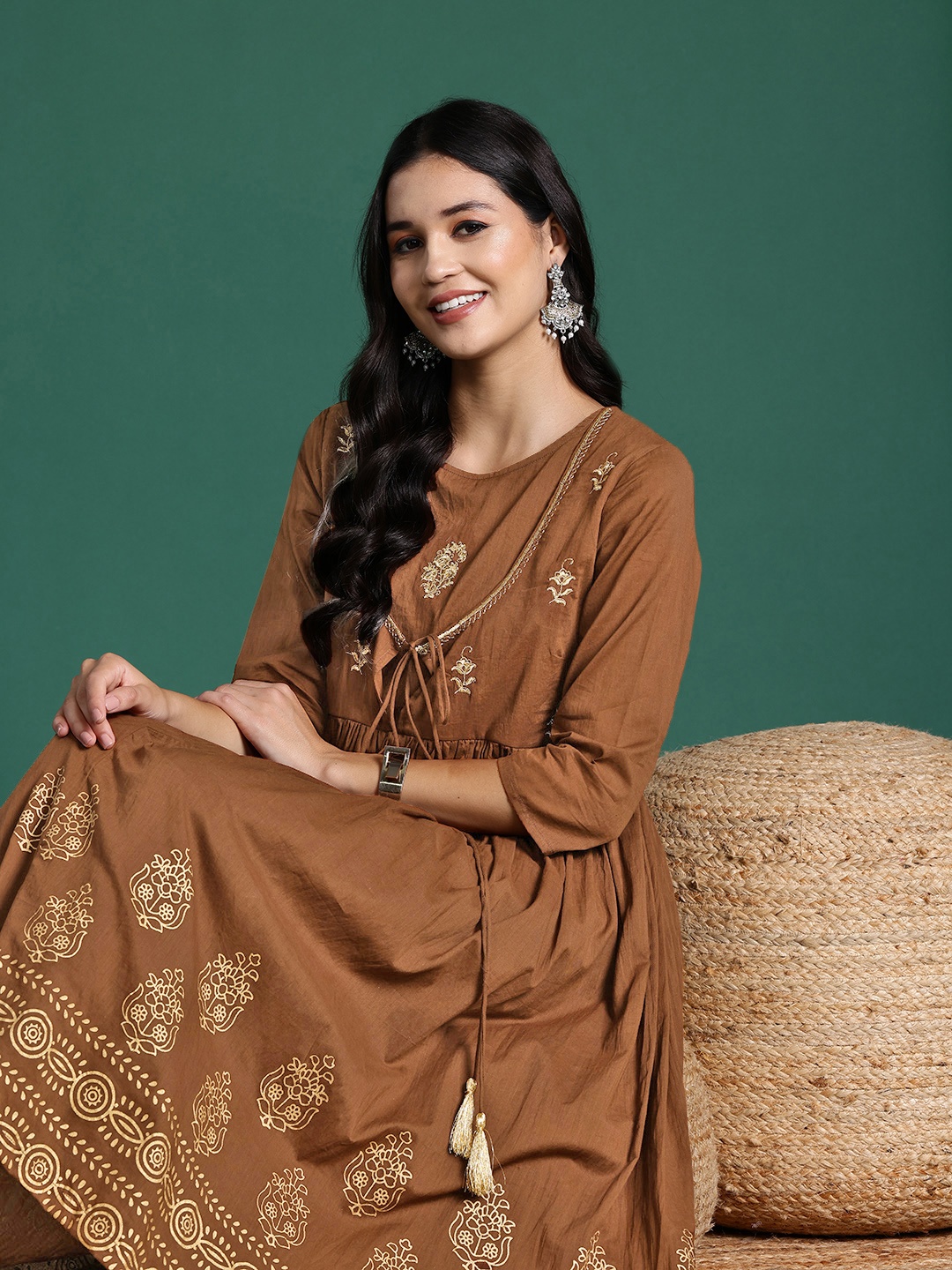 

Sangria Printed Pleated Thread Work Pure Cotton Kurta with Trousers, Brown