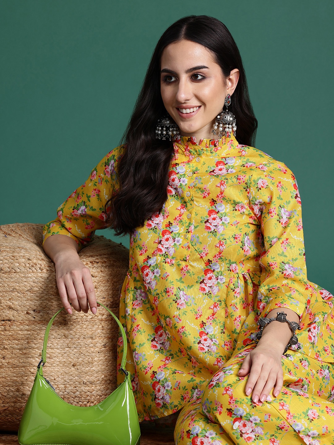 

Sangria Floral Printed Ethnic Co-Ords, Yellow