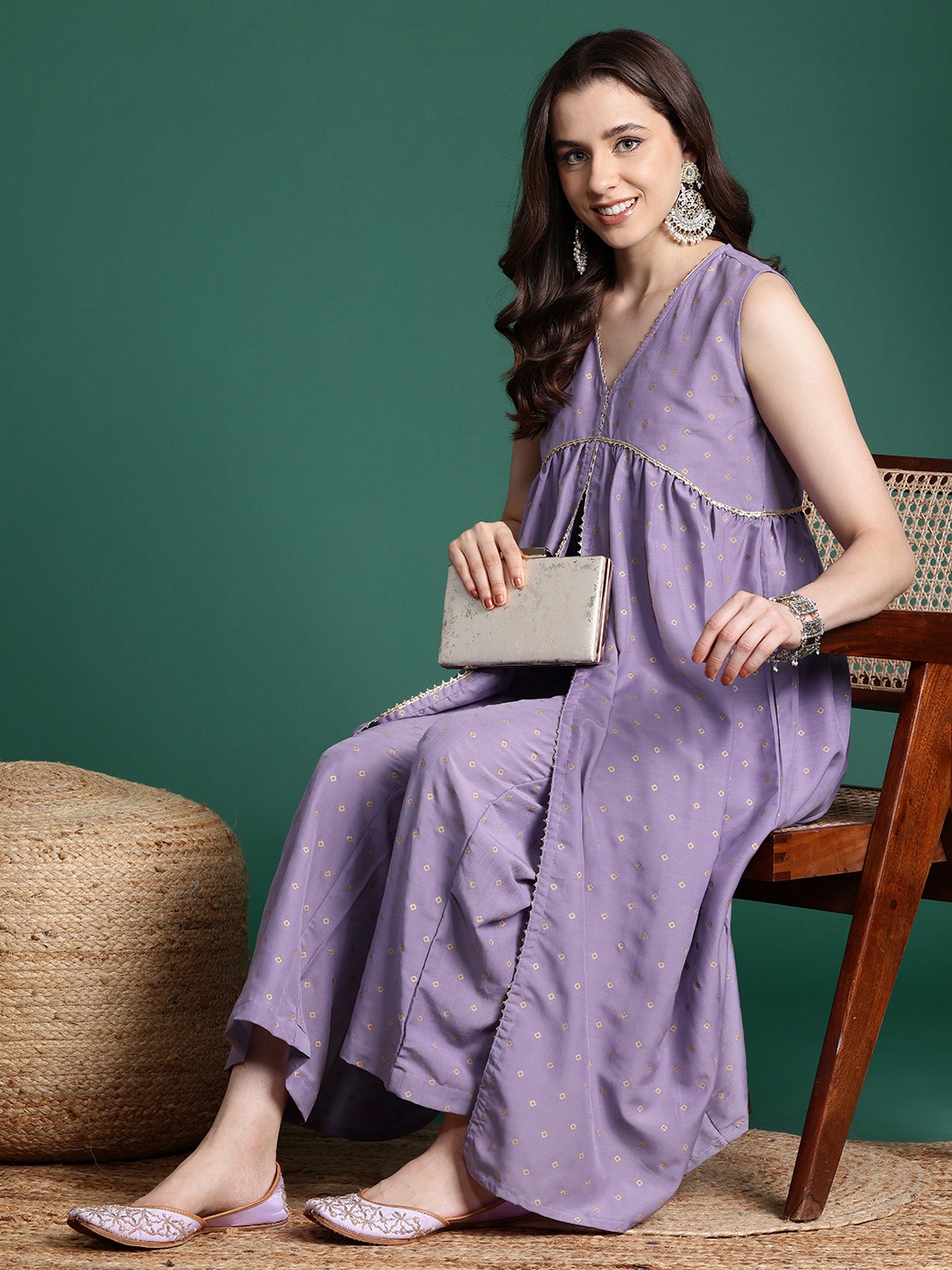 

Sangria Bandhani Print Empire Gotta Patti Kurta with Palazzos, Purple