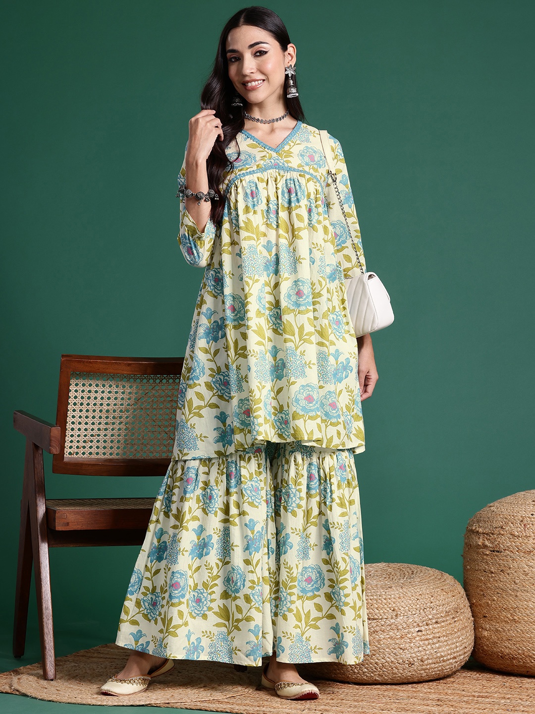

Sangria Printed Empire Pure Cotton Kurta & Sharara, White