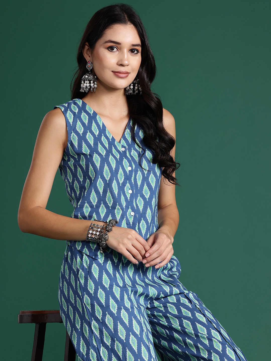 

Sangria Pure Cotton Geometric Printed Ethnic Co-Ords, Blue