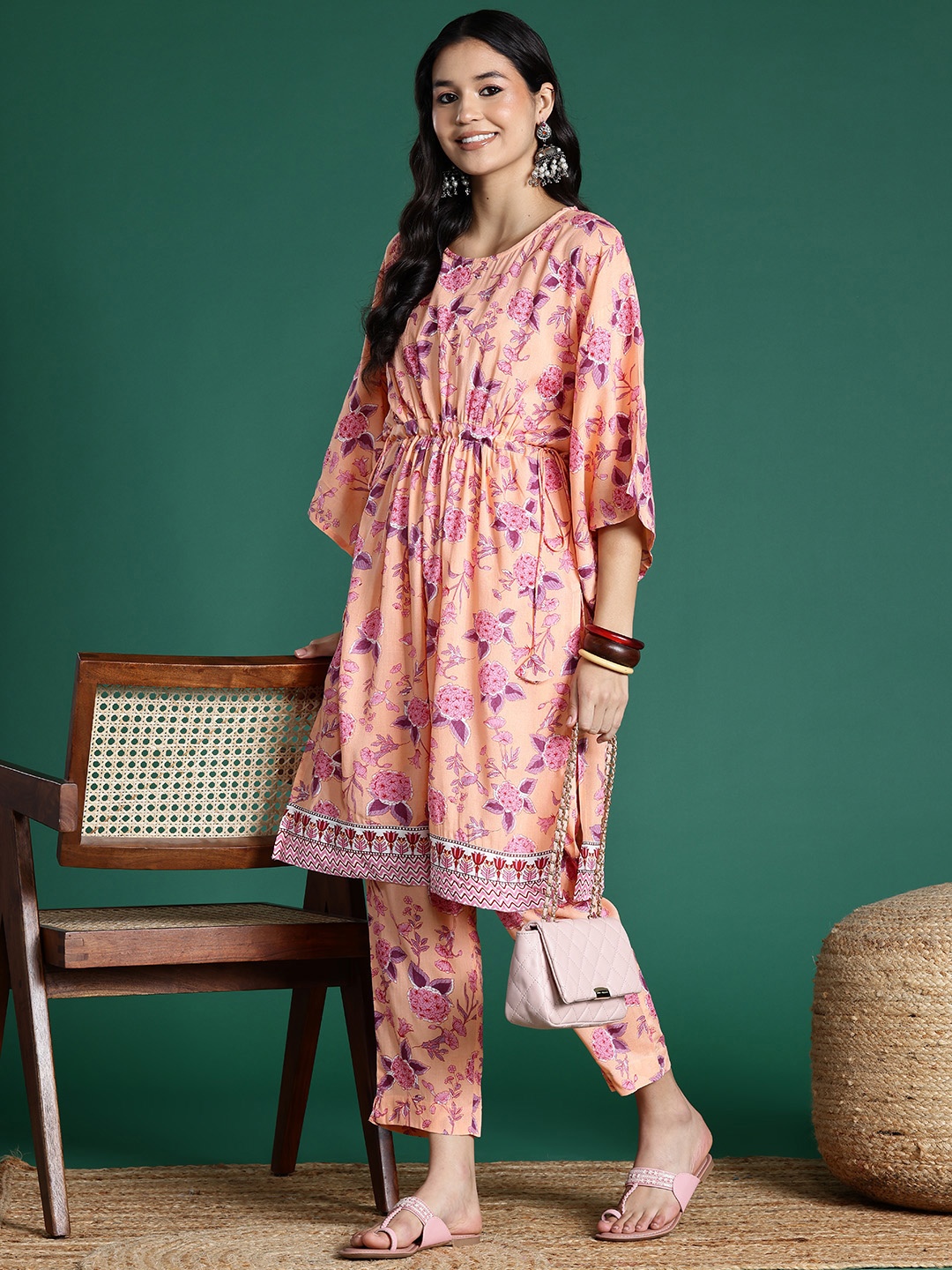 

Sangria Floral Print Tie-Up Kurta with Trousers, Pink