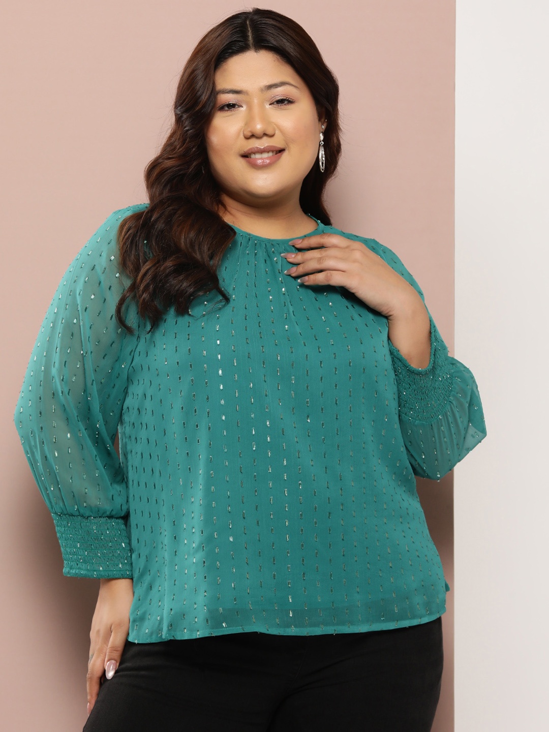 

Sztori Plus Size Puff Sleeve Top, Green