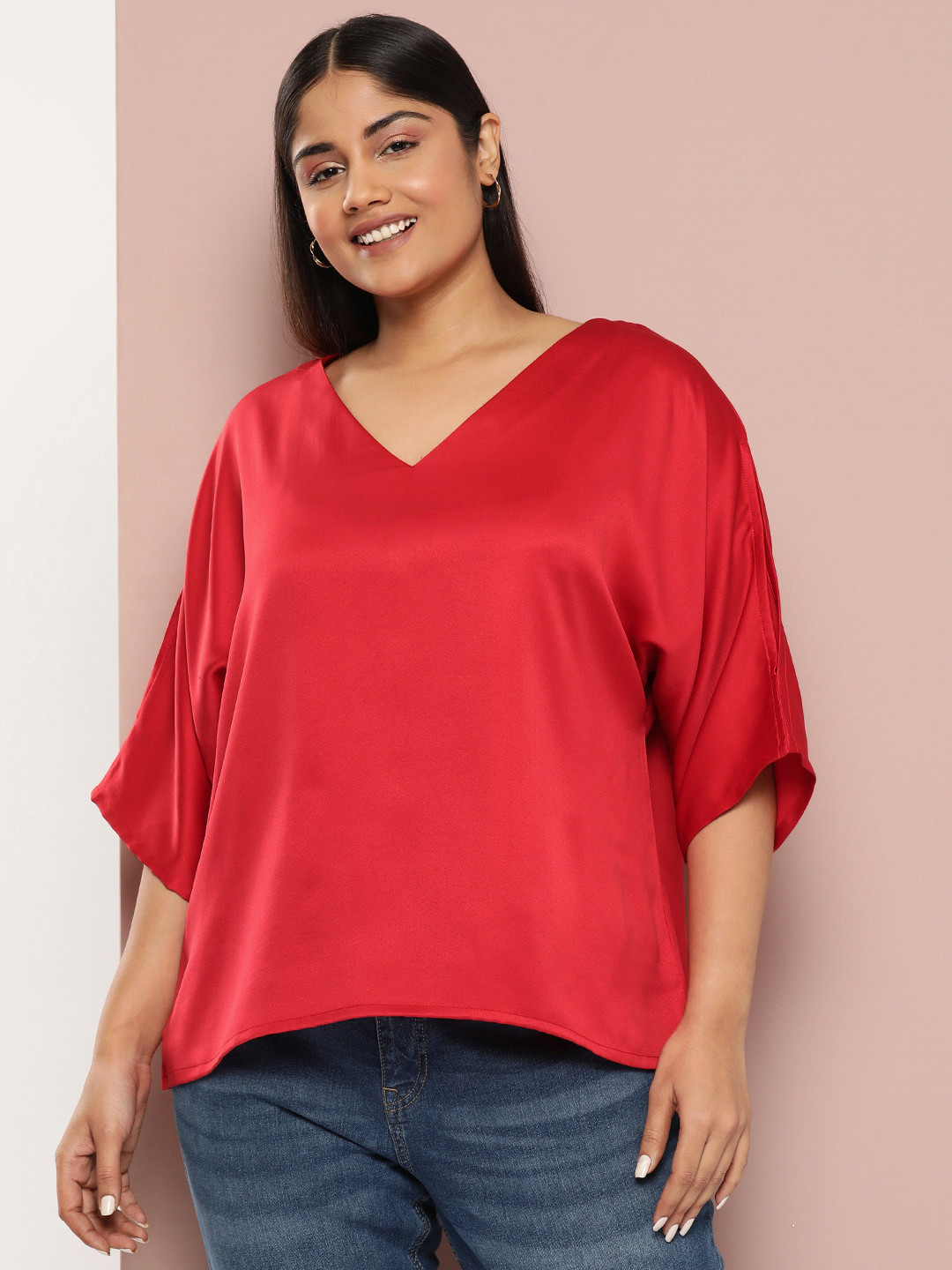 

Sztori Plus Size Flared Sleeves Satin Finish Top, Red