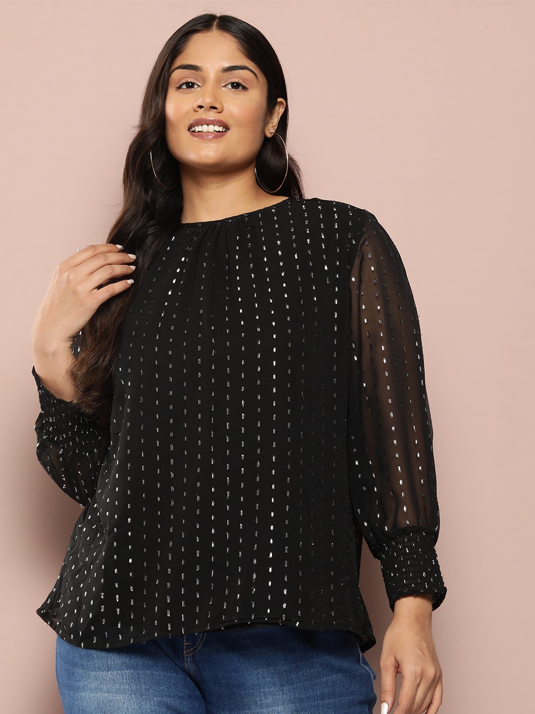 

Sztori Plus Size Dobby Weave Puff Sleeves Top, Black