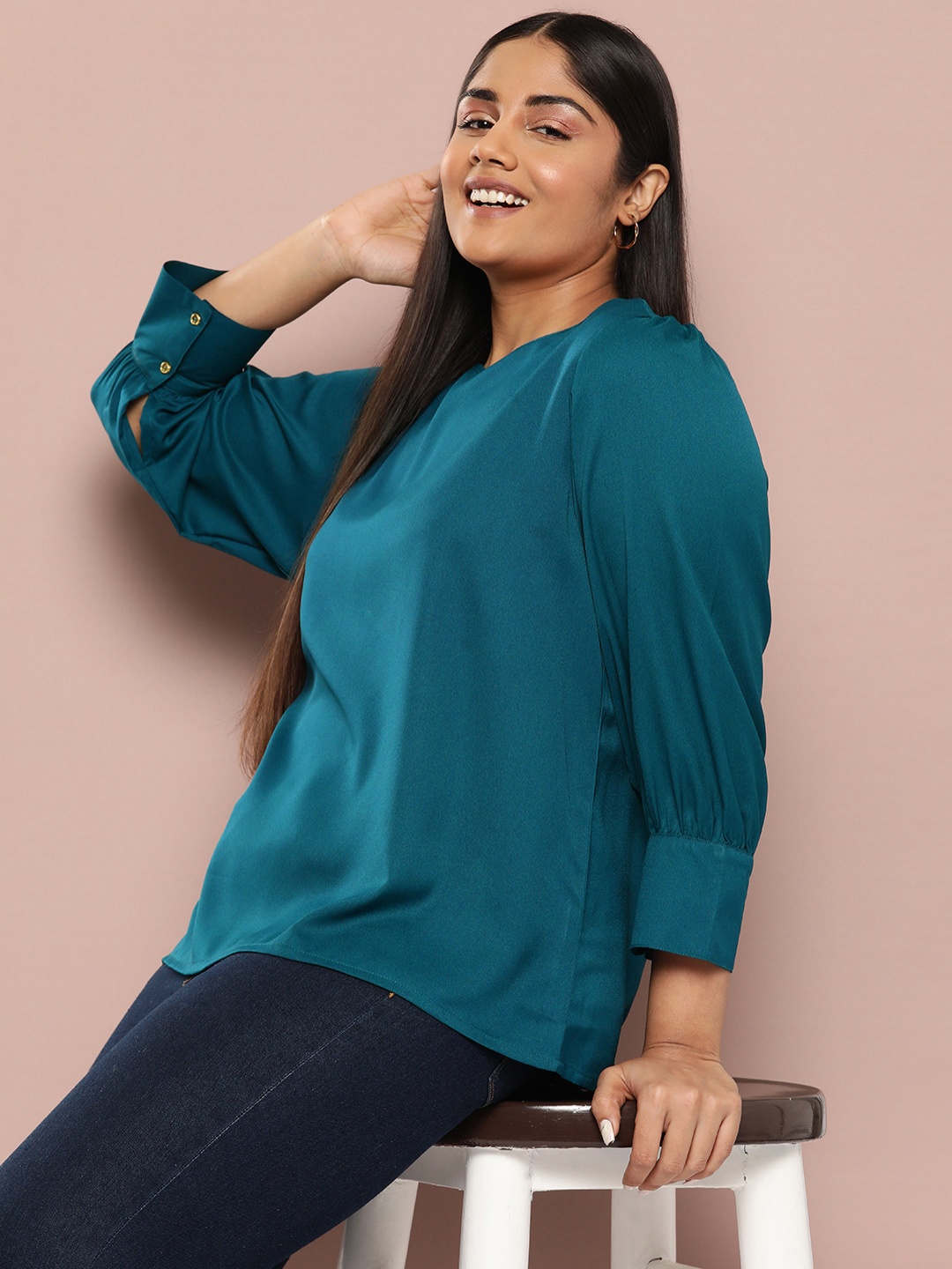 

Sztori Plus Size Puff Sleeves Top, Teal