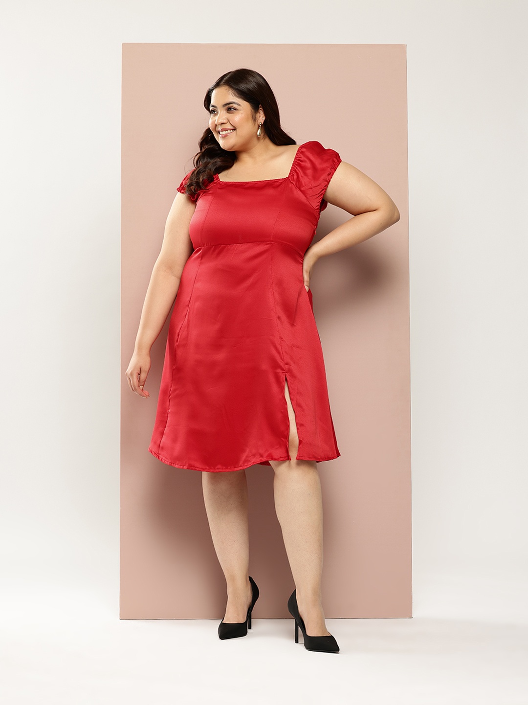 

Sztori Plus Size Smocked Back Lace-Up Satin Finish A-Line Dress, Red