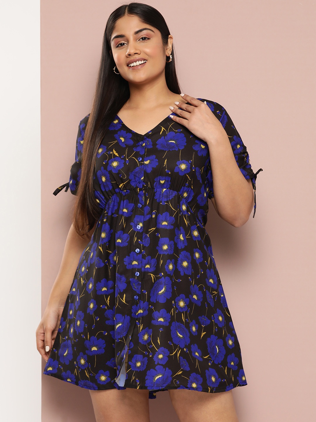 

Sztori Plus Size Floral Print A-Line Dress, Navy blue