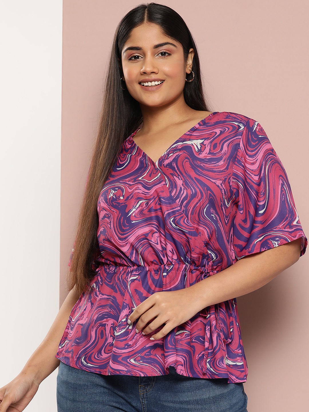 

Sztori Plus Size Print Flared Sleeve Wrap Top, Pink