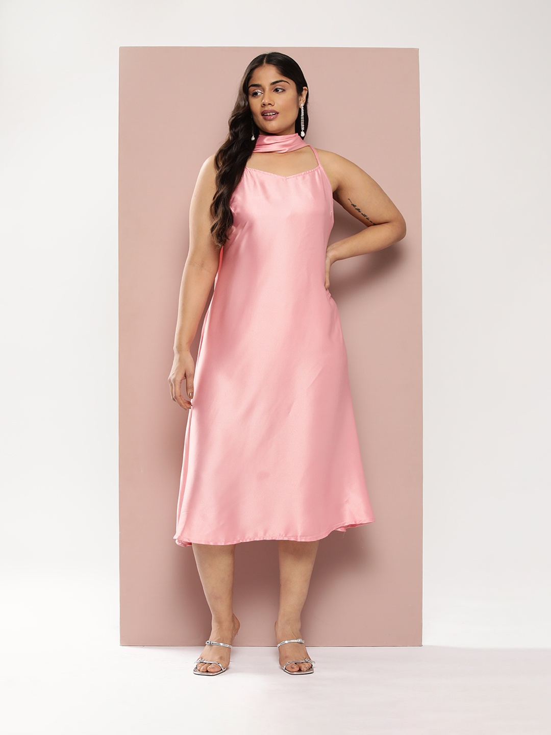 

Sztori Plus Size Satin A-Line Midi Dress with Scarf, Pink