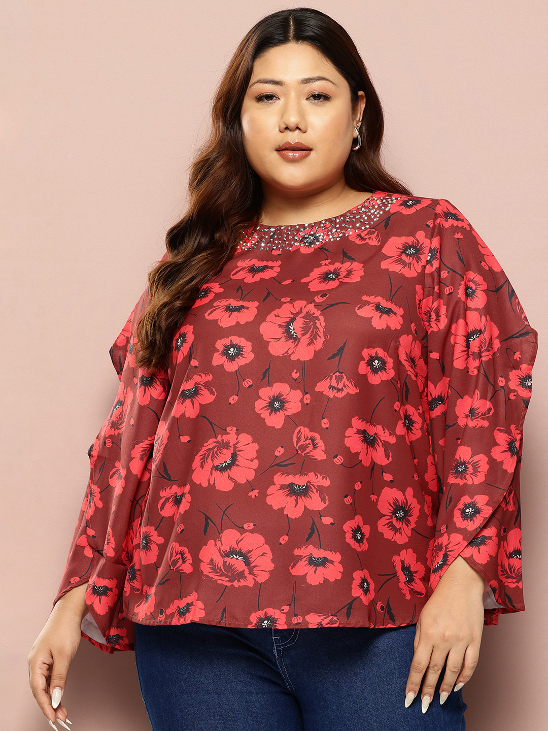 

Sztori Plus Size Floral Print Flared Sleeve Studded Top, Red
