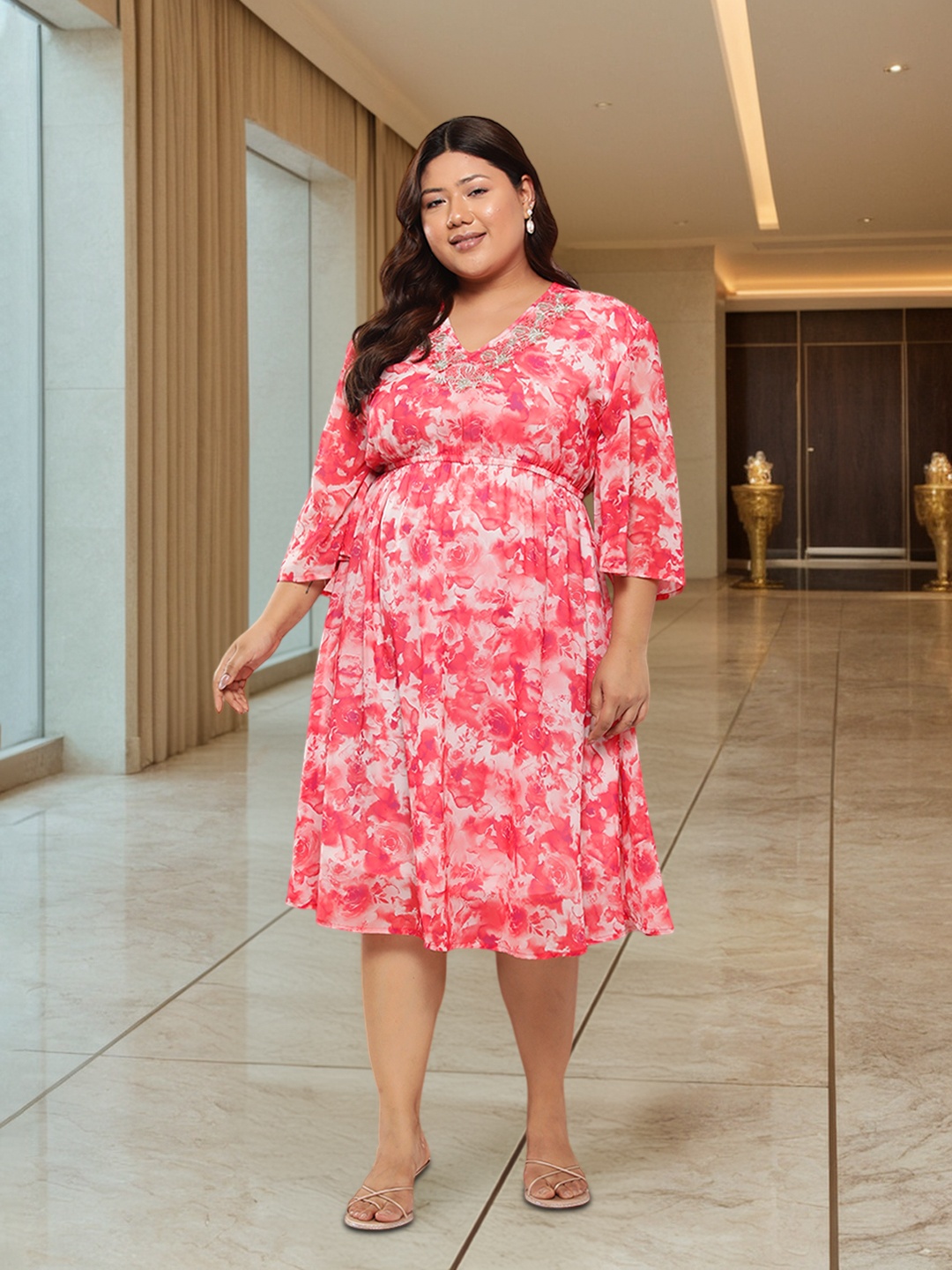 

Sztori Plus Size Floral Print A-Line Midi Dress, Pink