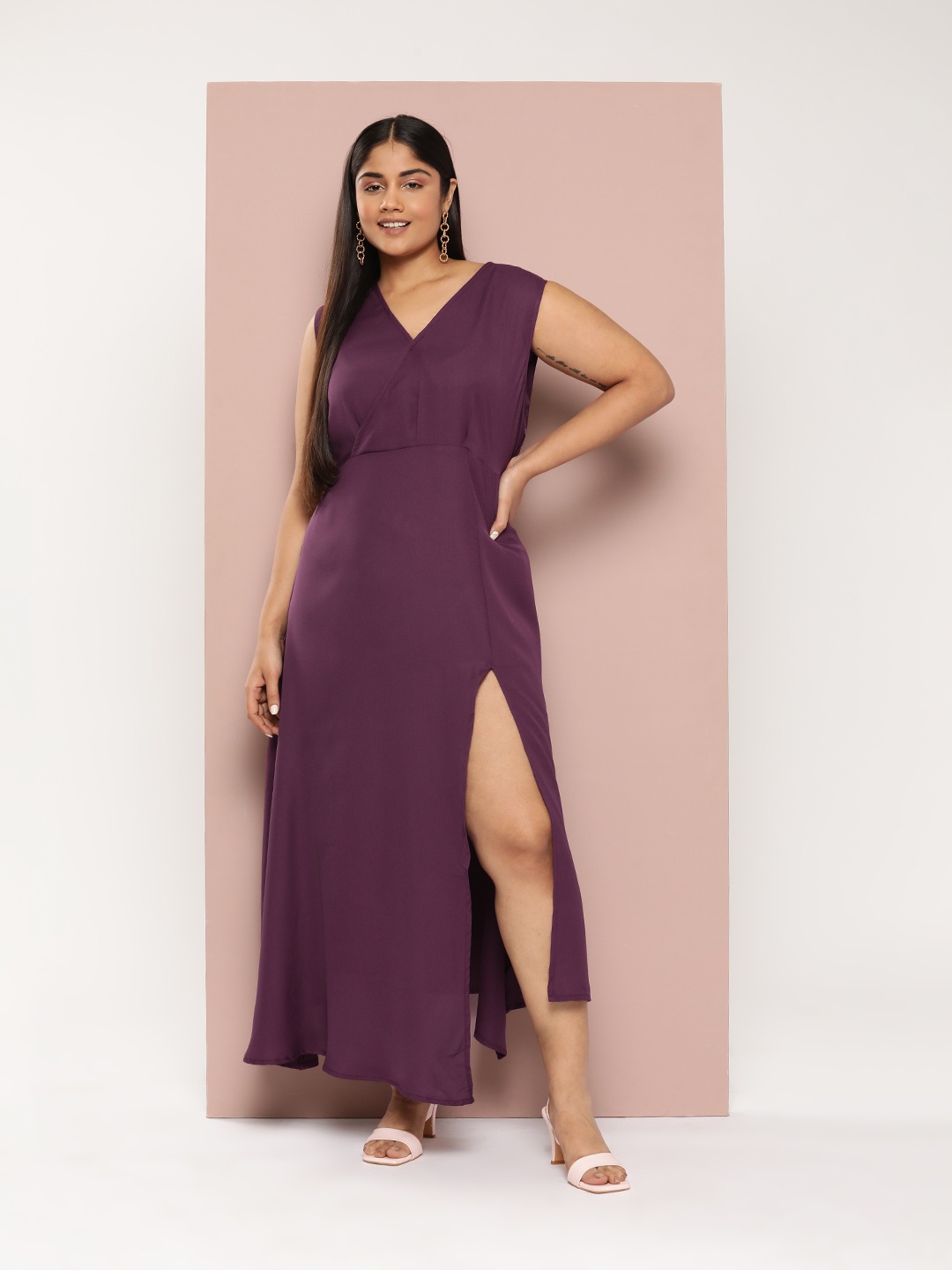 

Sztori Plus Size Abstract Print Front Slit A-Line Midi Dress, Burgundy