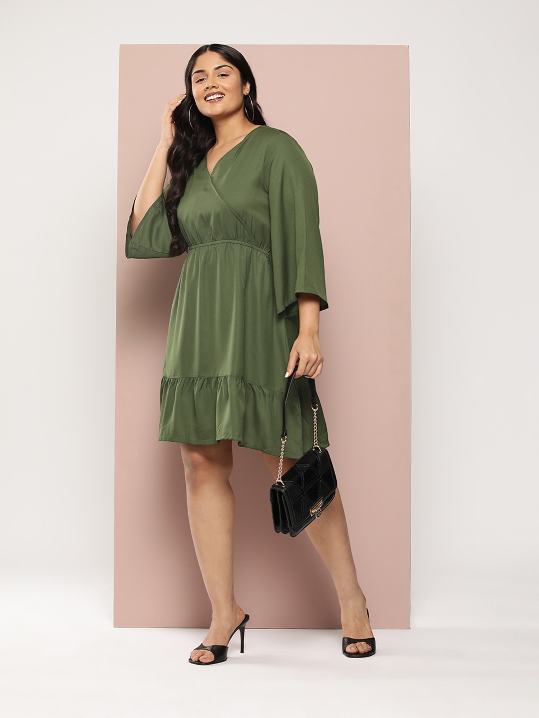 

Sztori Plus Size Flared Sleeves Tiered Wrap Dress, Green