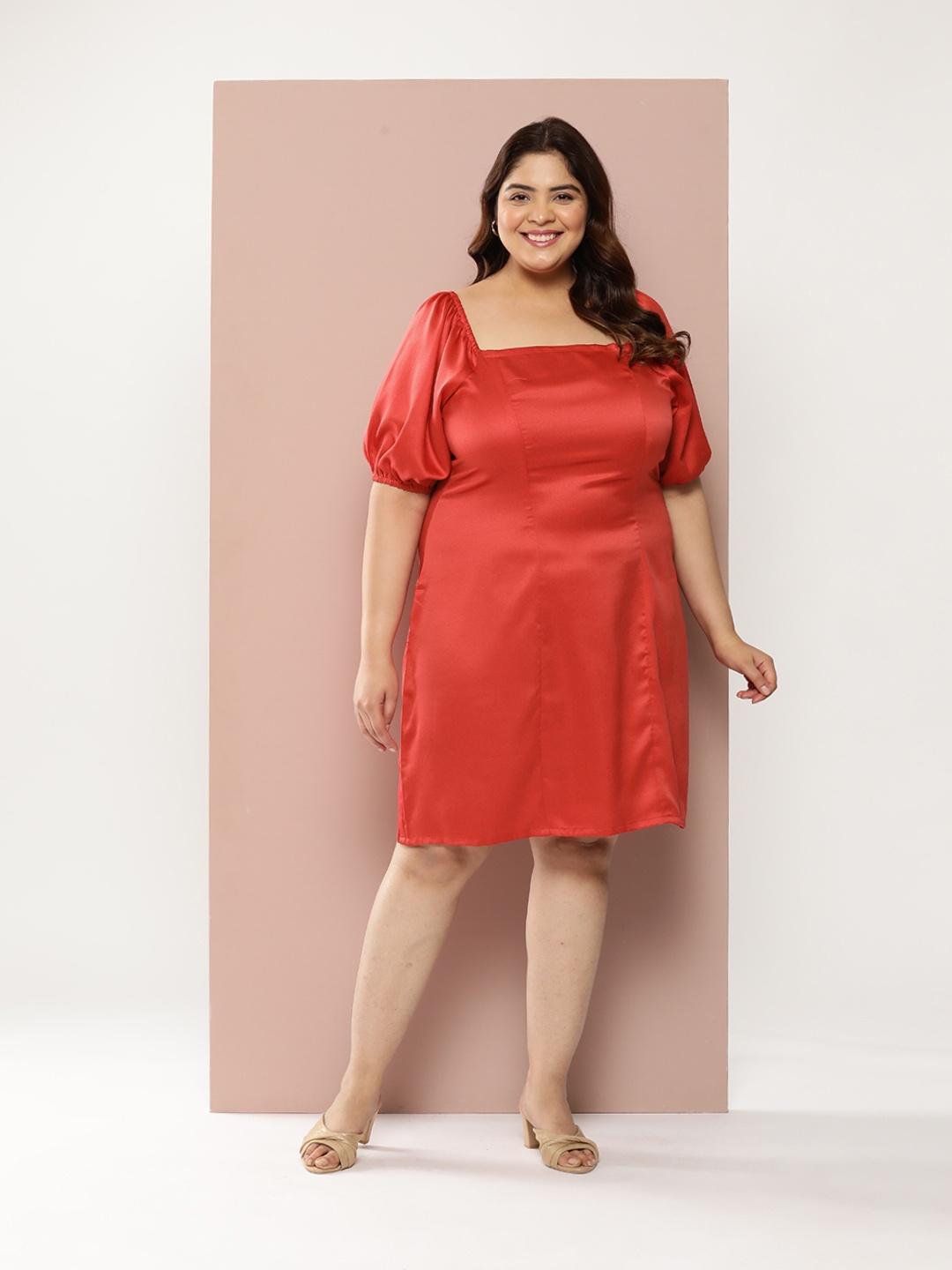 

Sztori Plus Size Puff Sleeve Satin A-Line Dress, Red