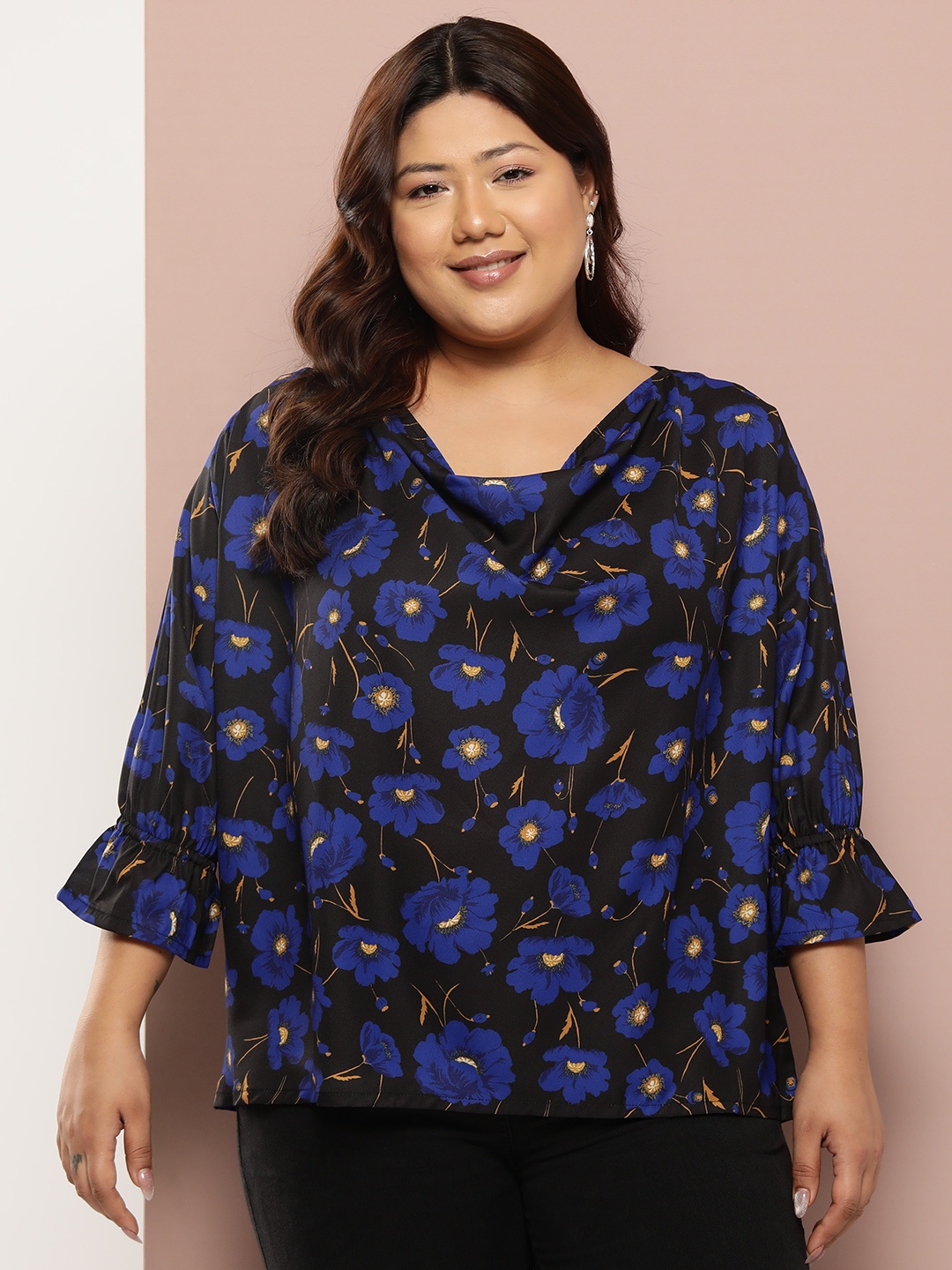 

Sztori Plus Size Floral Print Cowl Neck Top, Black