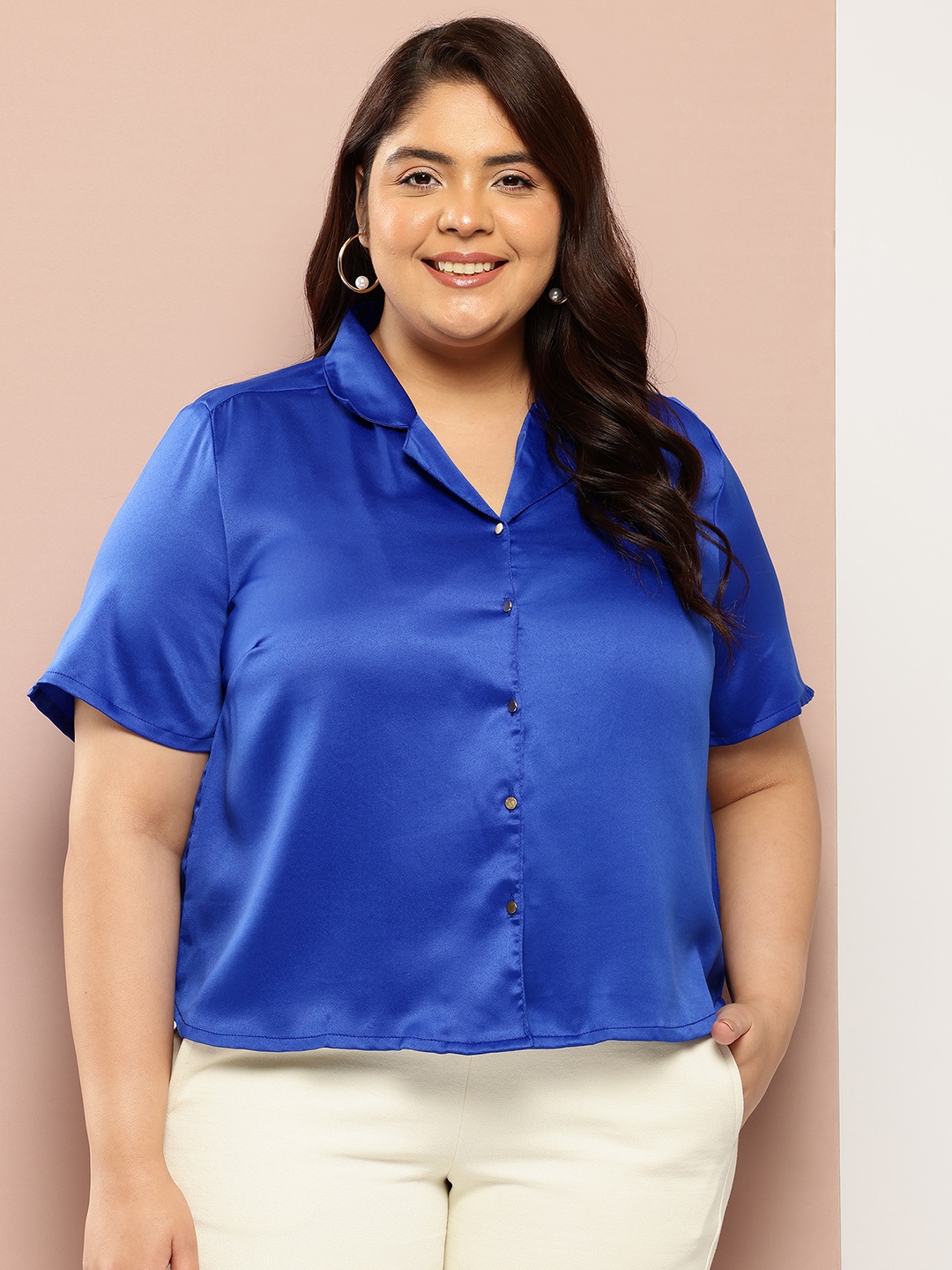 

Sztori Plus Size Satin Smart Casual Shirt, Blue