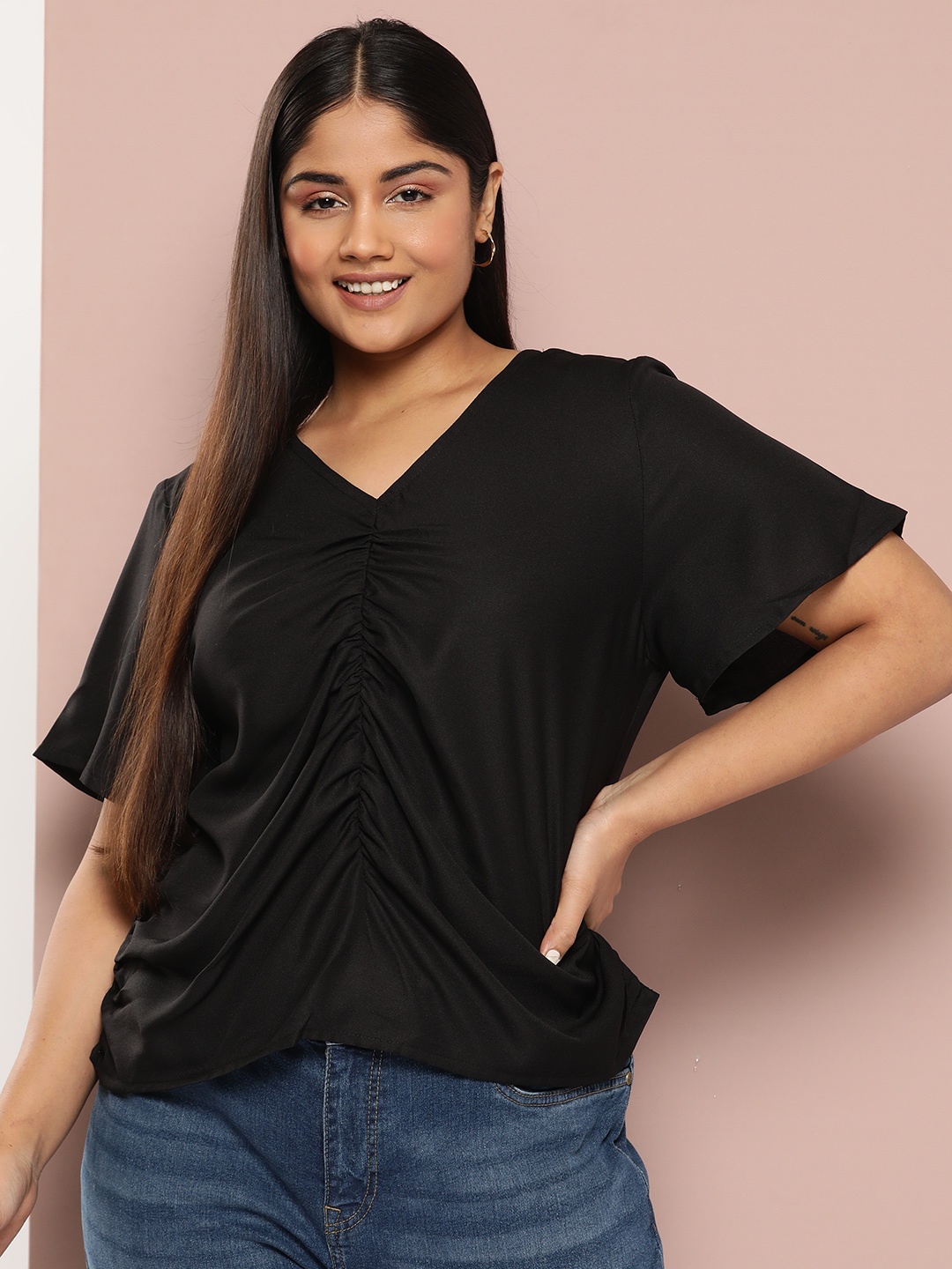 

Sztori Plus Size Flared Sleeves Top, Black